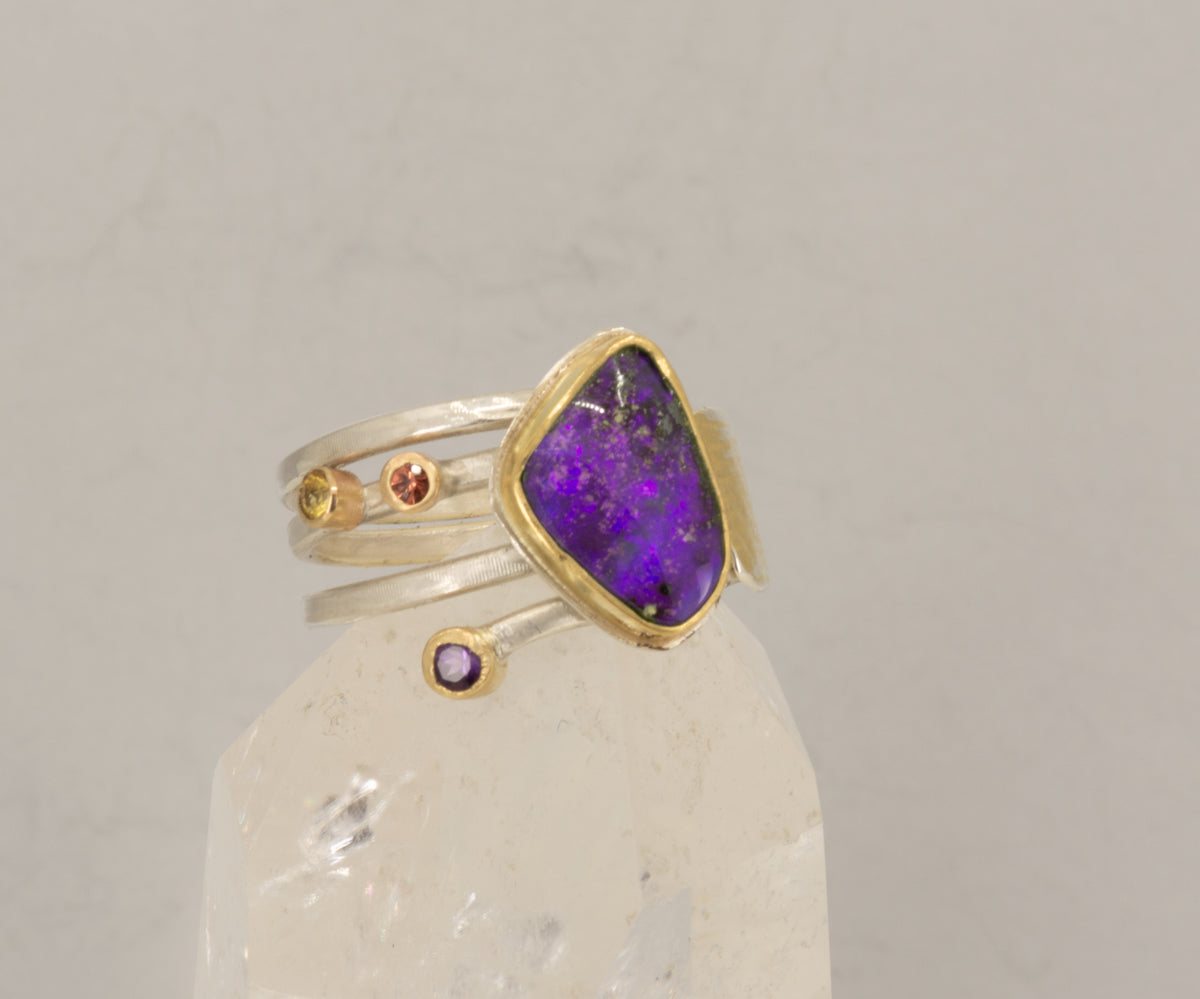 Boulder Opal & Amethyst Ring in 18K Gold & Silver, Size 9