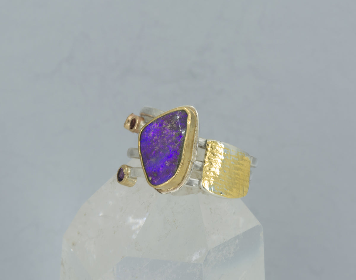 Boulder Opal & Amethyst Ring in 18K Gold & Silver, Size 9