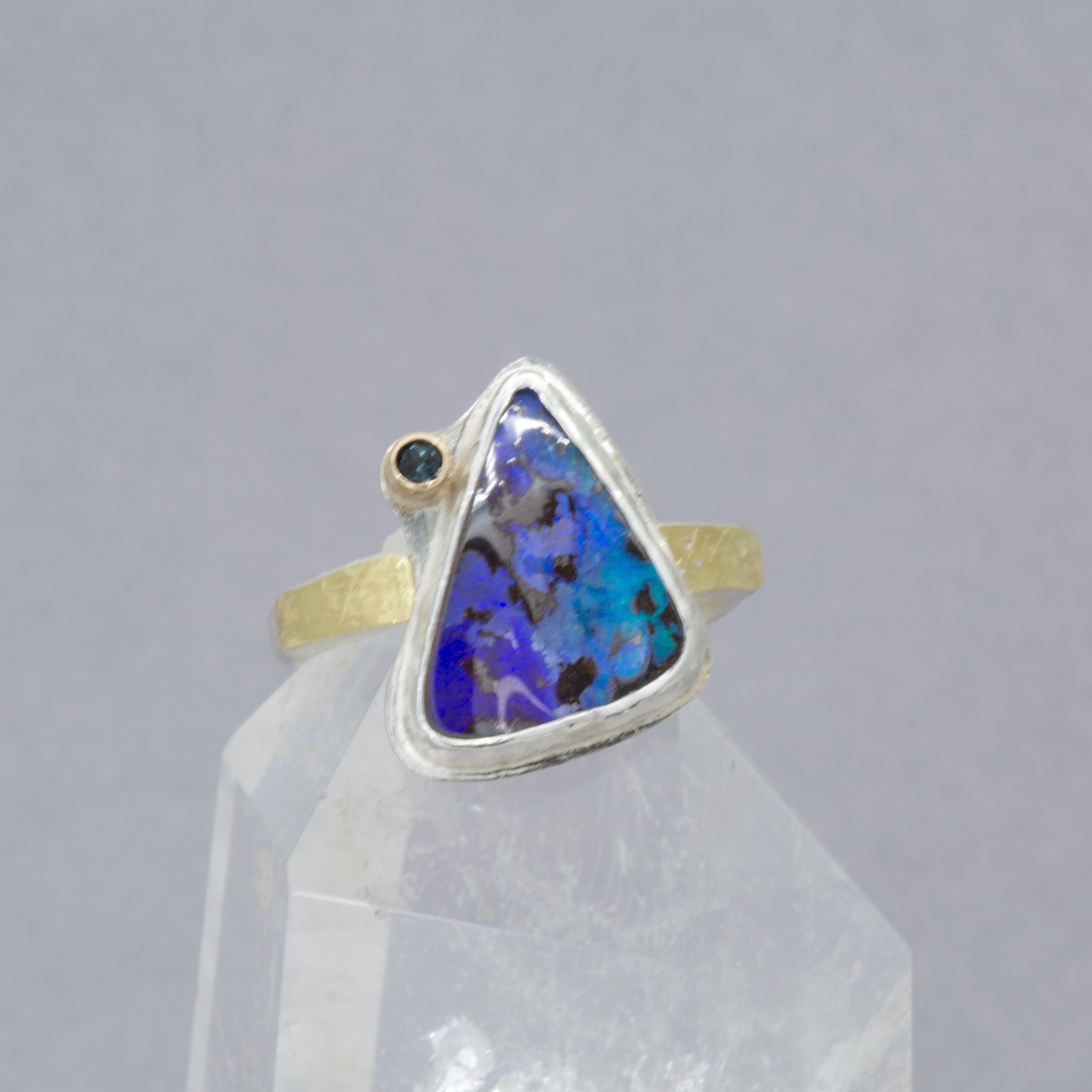 Boulder Opal Statement Ring, Purple and Blue Opal in Sterling Silver and Gold, Size 10
