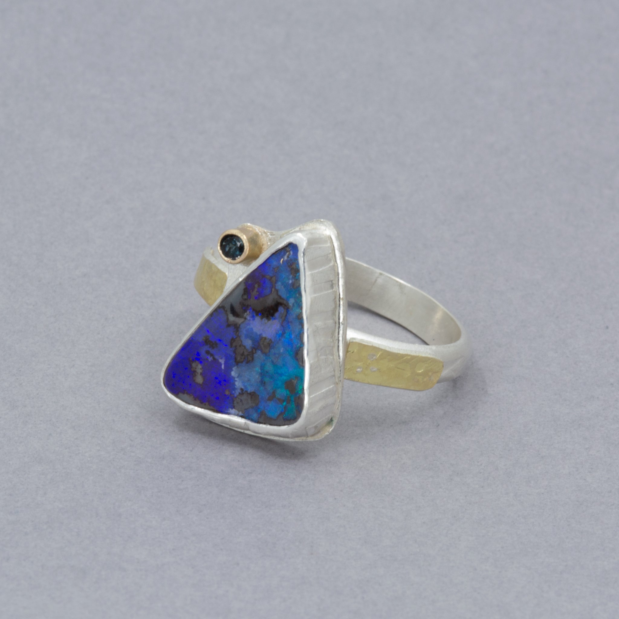 Boulder Opal Statement Ring, Purple and Blue Opal in Sterling Silver and Gold, Size 10