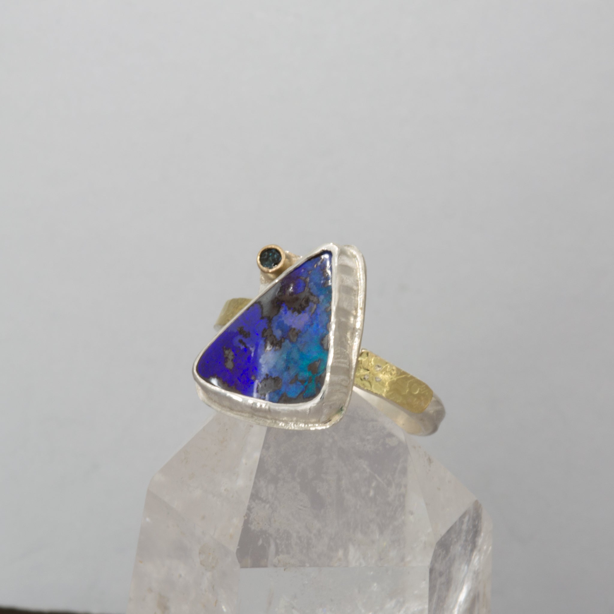 Boulder Opal Statement Ring, Purple and Blue Opal in Sterling Silver and Gold, Size 10