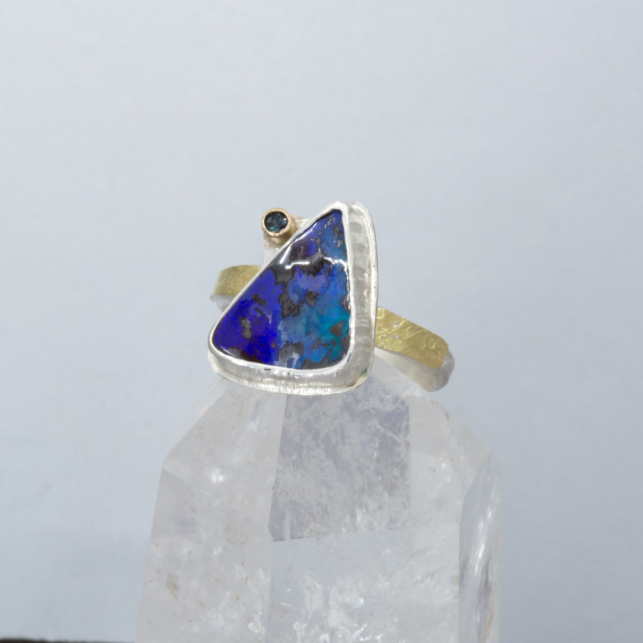 Boulder Opal Statement Ring, Purple and Blue Opal in Sterling Silver and Gold, Size 10