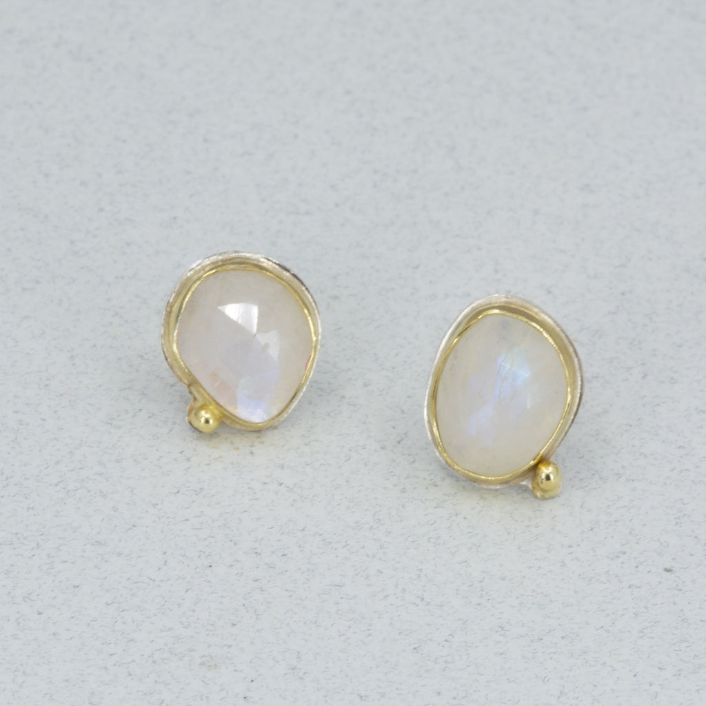 Rainbow Moonstone Stud Earrings | 18K Gold & Argentium Silver