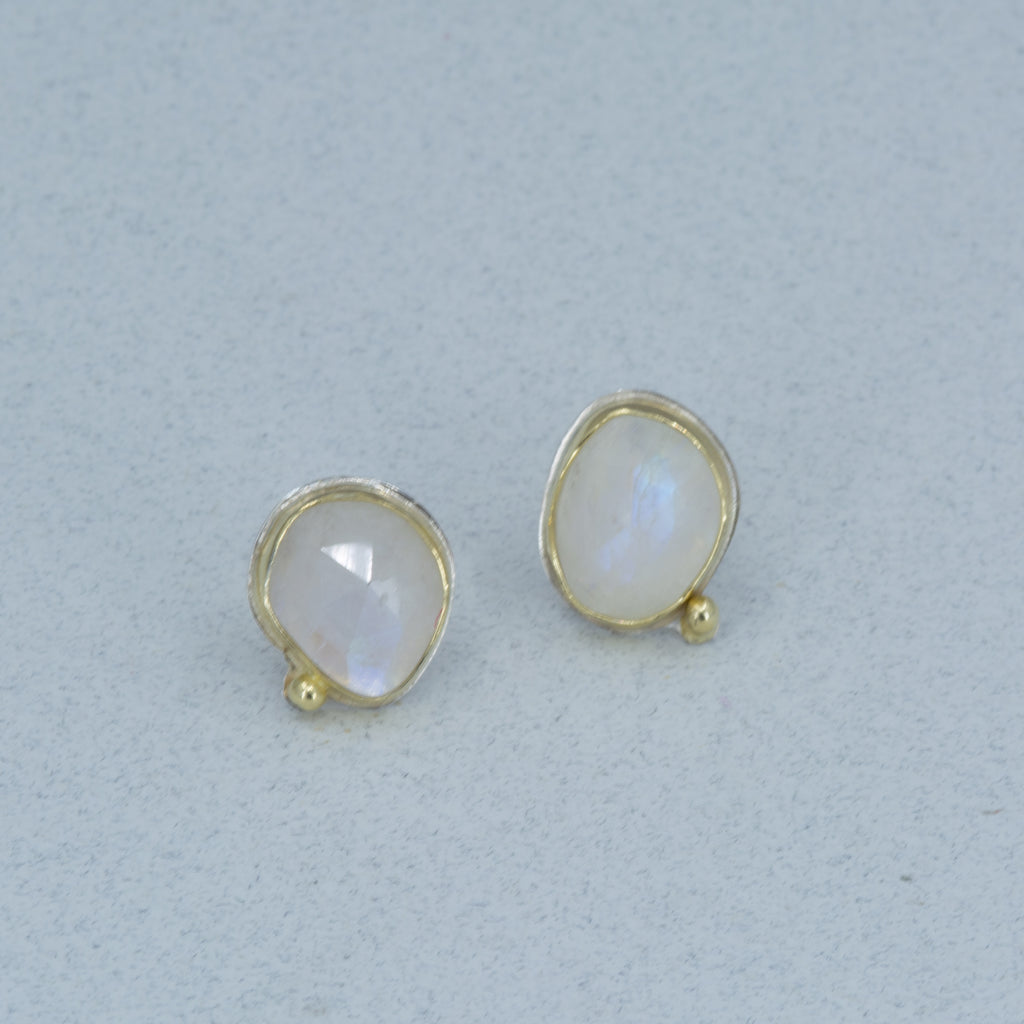 Rainbow Moonstone Stud Earrings | 18K Gold & Argentium Silver