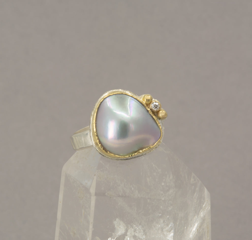 Large Sea of Cortez Pearl Ring: 18K Gold, Sterling Silver, Black Pearl, Diamond, OOAK