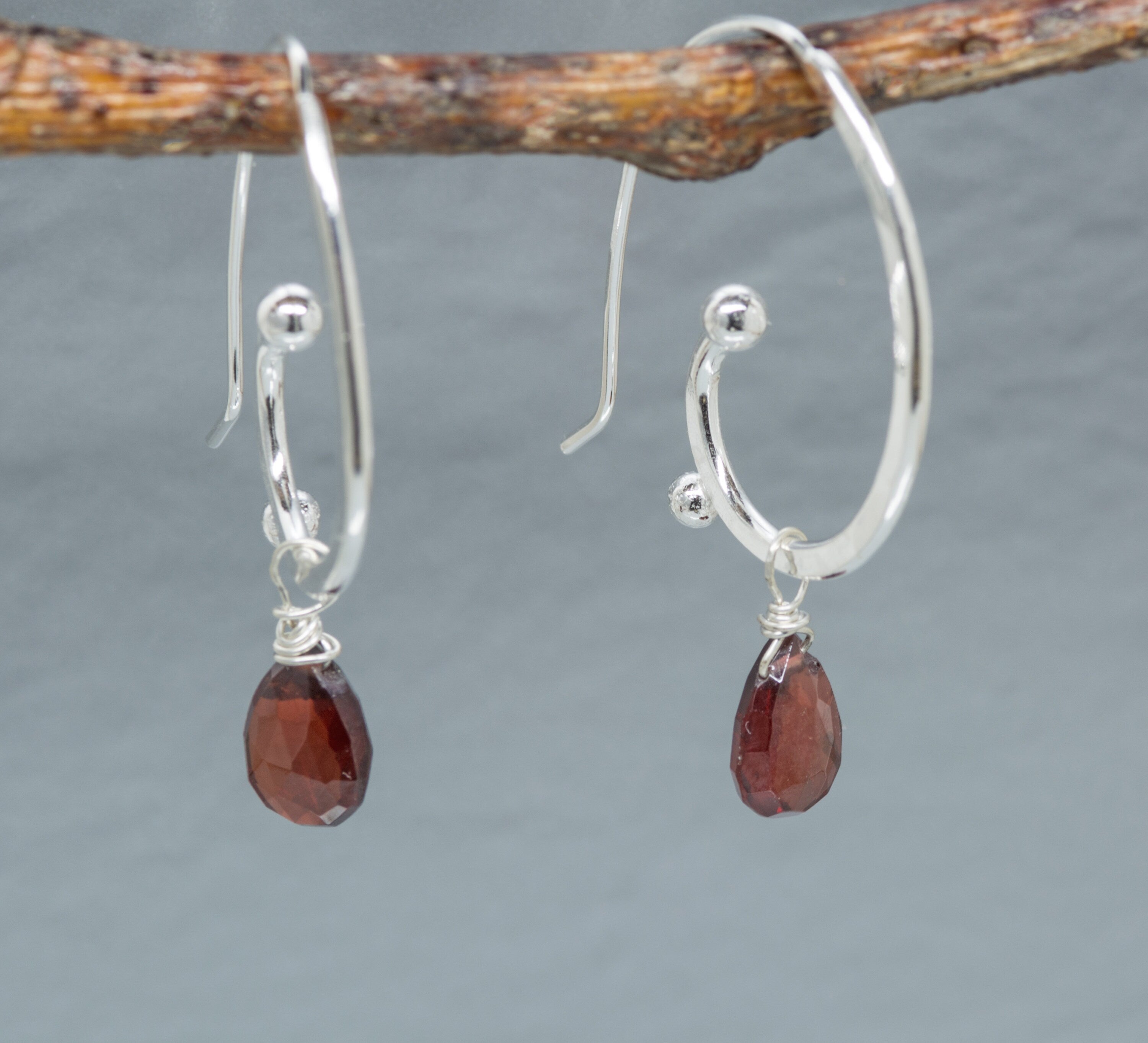 Sterling Silver Hoops with Stone Drop