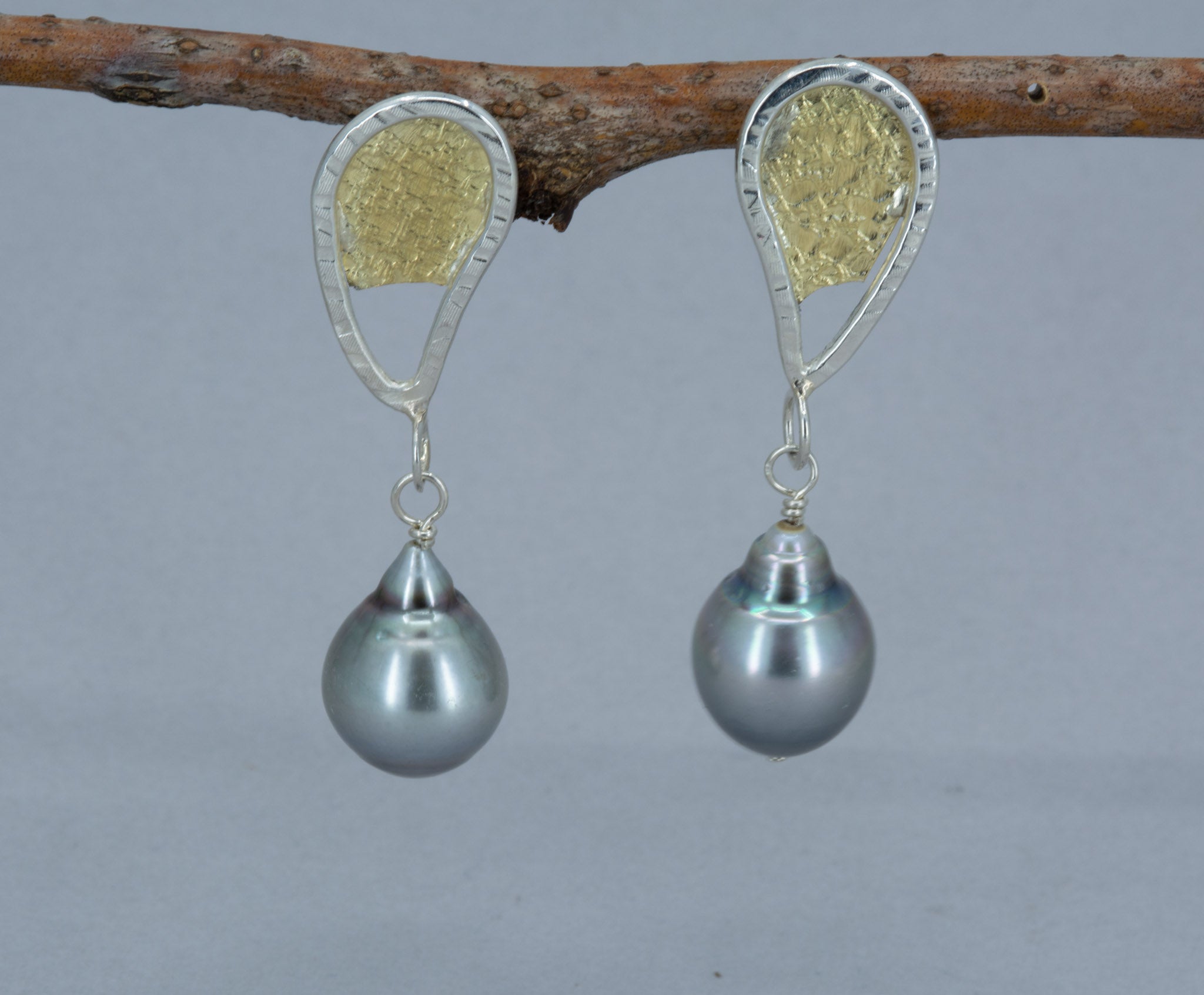 Tahitian Silvertone Pearl Earrings: 18k Gold and Sterling Botanical Earrings, OOAK