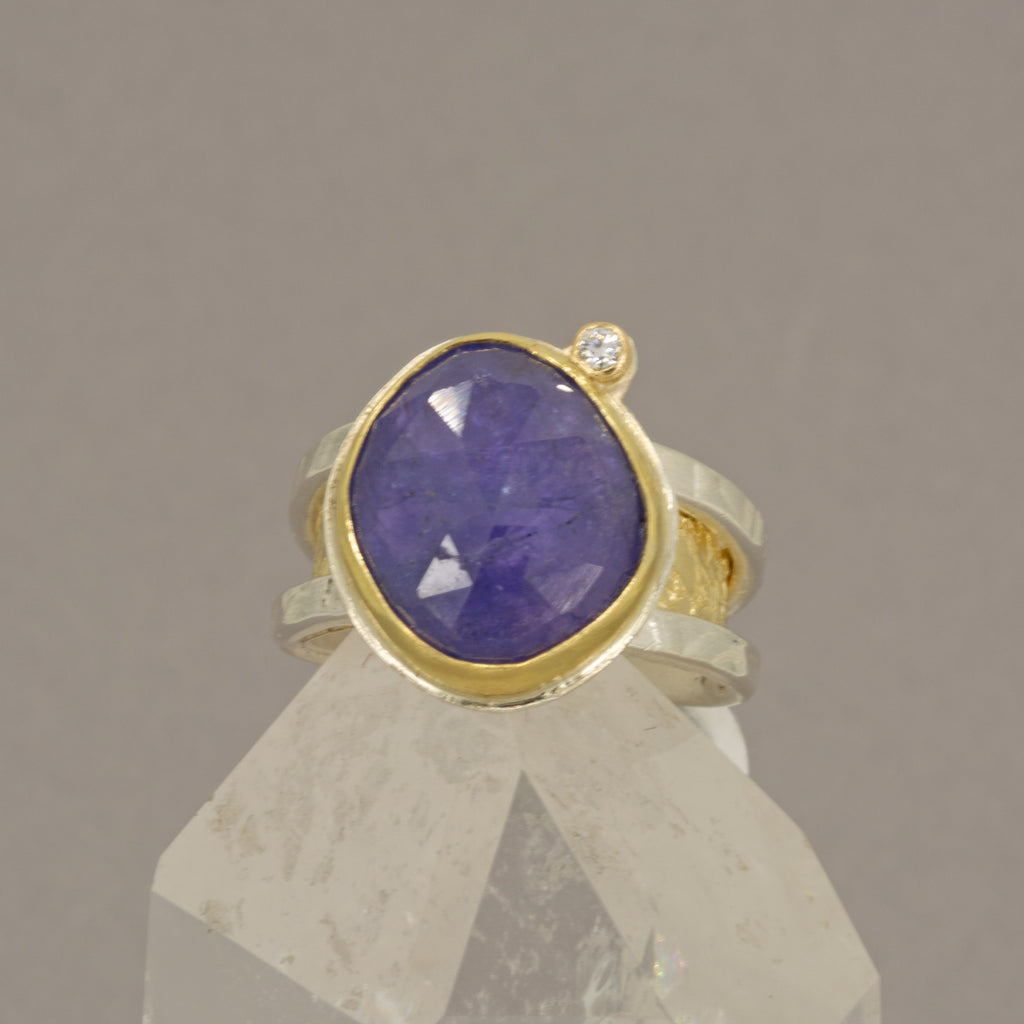 Rose-Cut Tanzanite Ring – 18K Gold Bezel & Argentium Sterling Silver Double Band