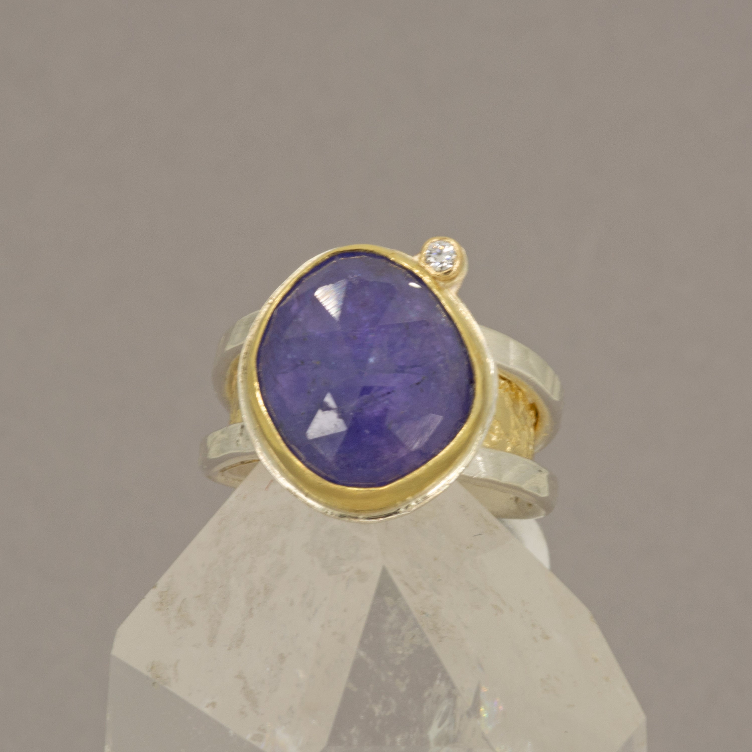 Rose-Cut Tanzanite Ring – 18K Gold Bezel & Argentium Sterling Silver Double Band