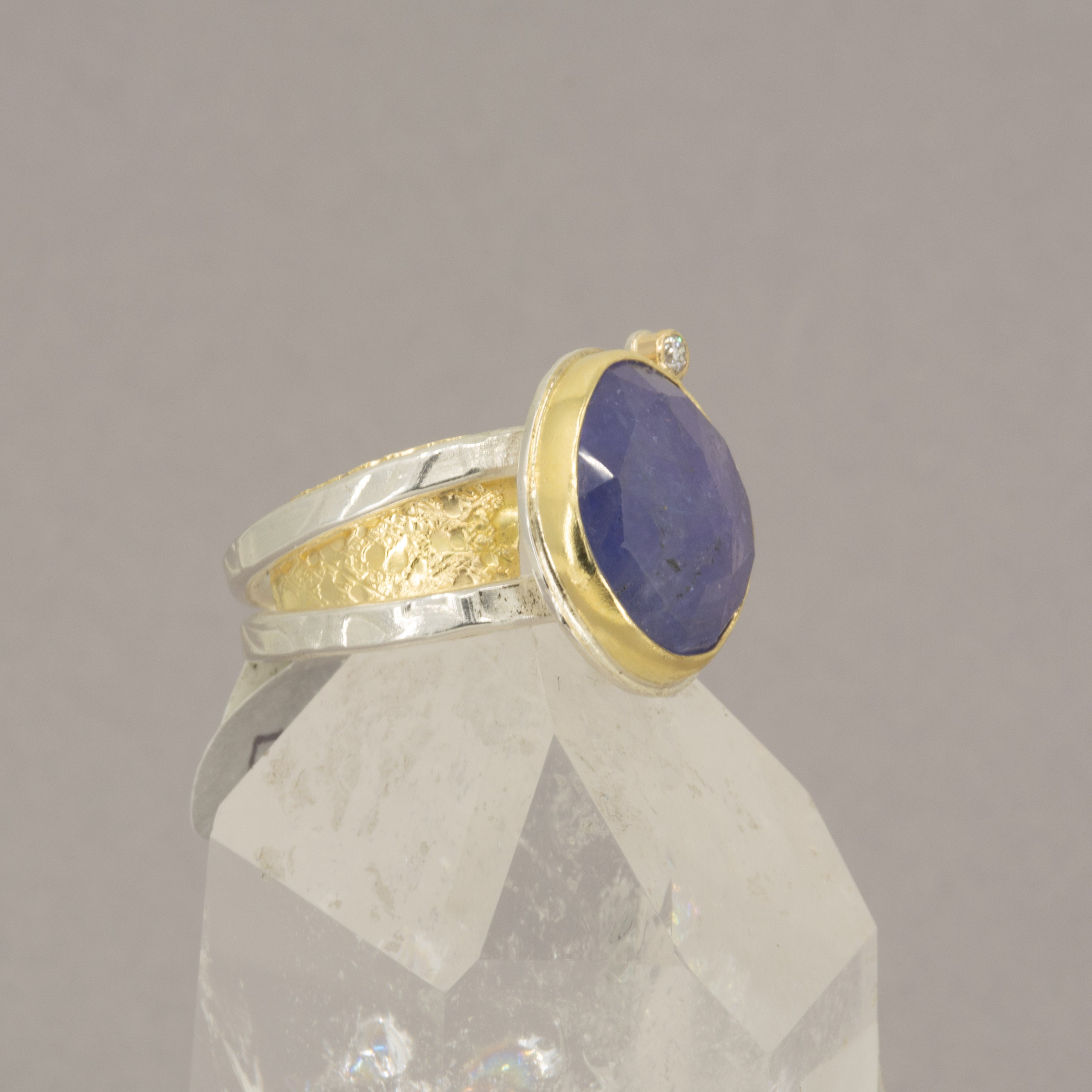 Rose-Cut Tanzanite Ring – 18K Gold Bezel & Argentium Sterling Silver Double Band