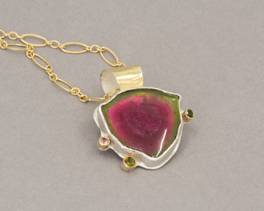 Watermelon Tourmaline Pendant is Sterling Silver and Gold, OOAK