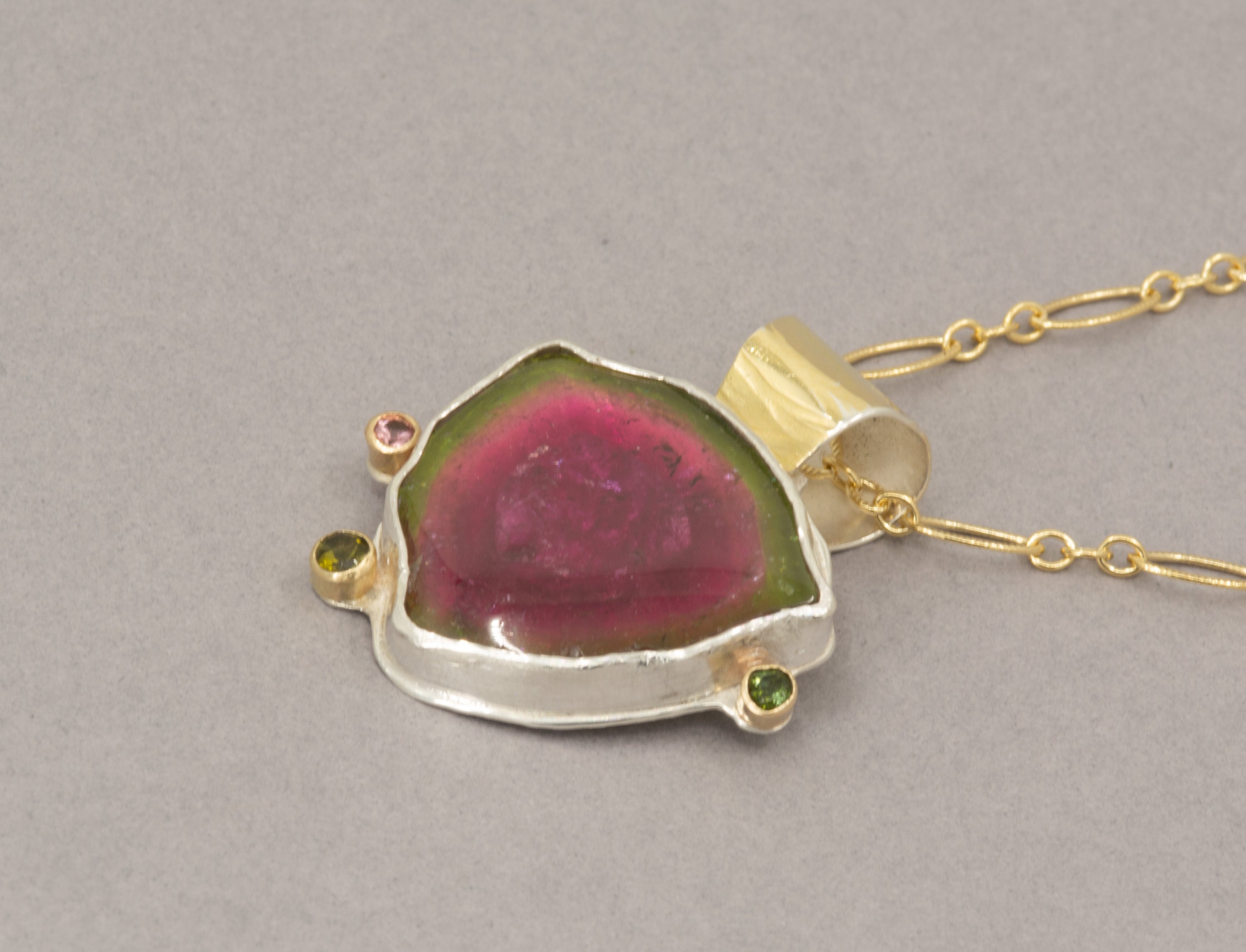 Watermelon Tourmaline Pendant is Sterling Silver and Gold, OOAK