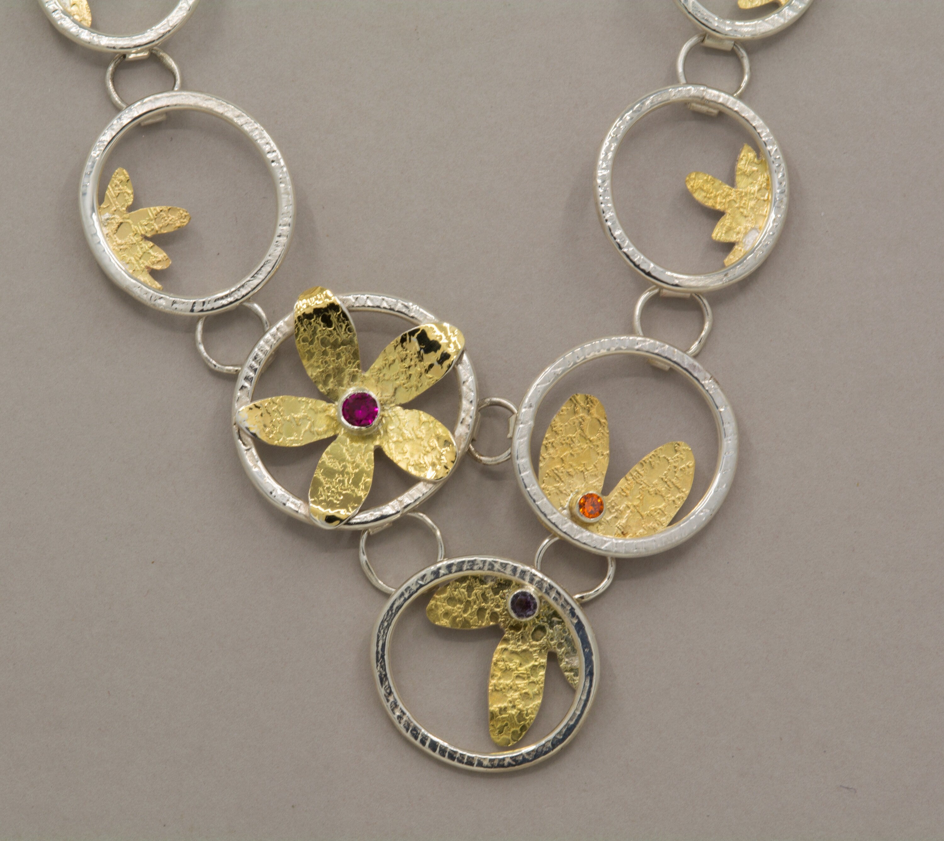Artisan Floral Necklace: 18K Gold, Sterling Silver Chain Link, Gemstone Flowers