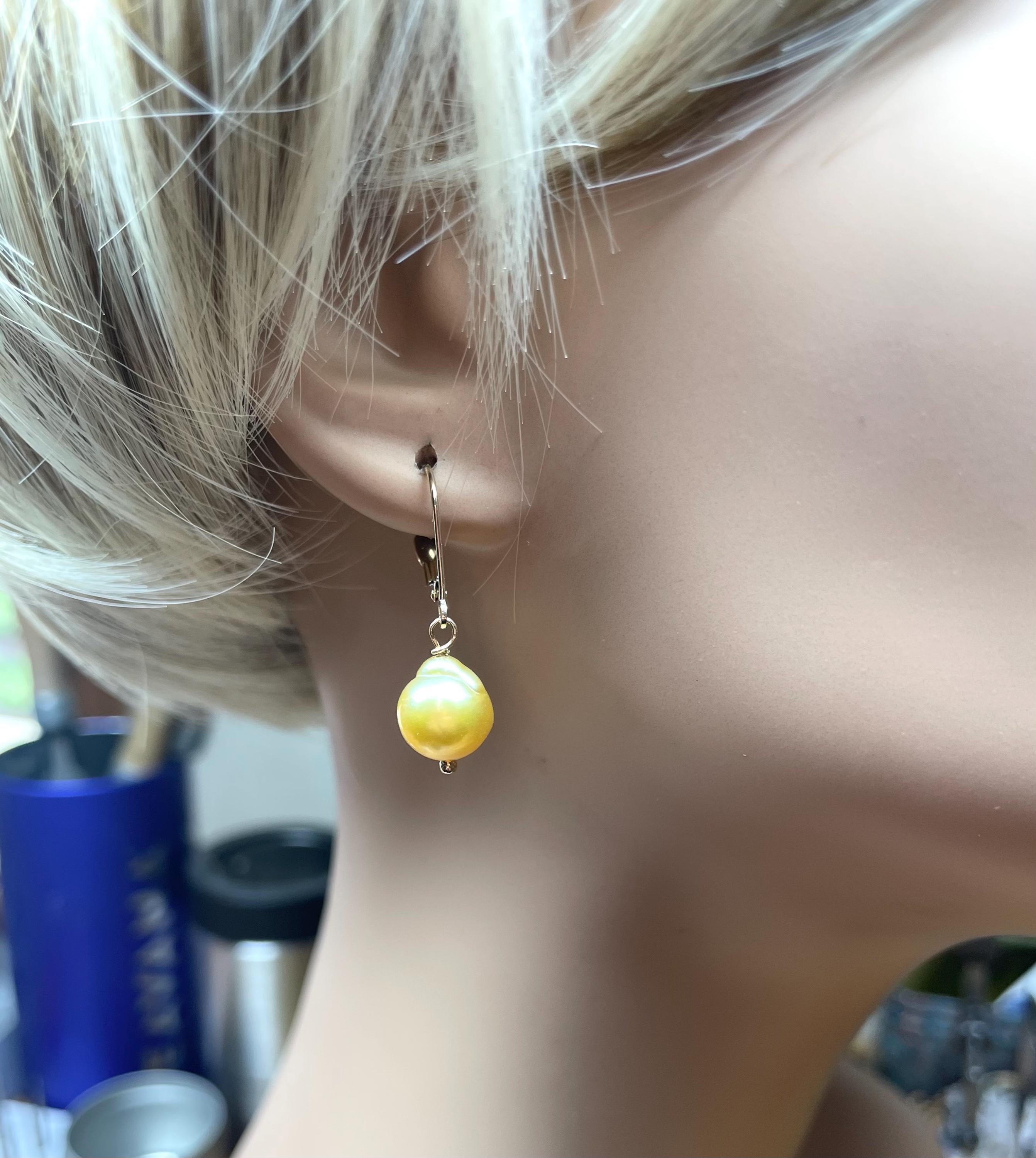 14K Gold South Sea Pearl Drop Earrings: Golden Baroque Wedding Jewelry