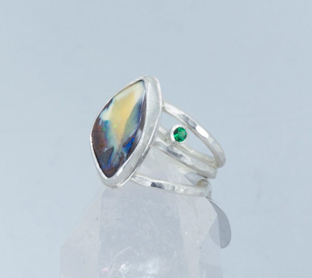 Boulder Opal Ring: Argentium Silver, Emerald Accent, US Size 7.5