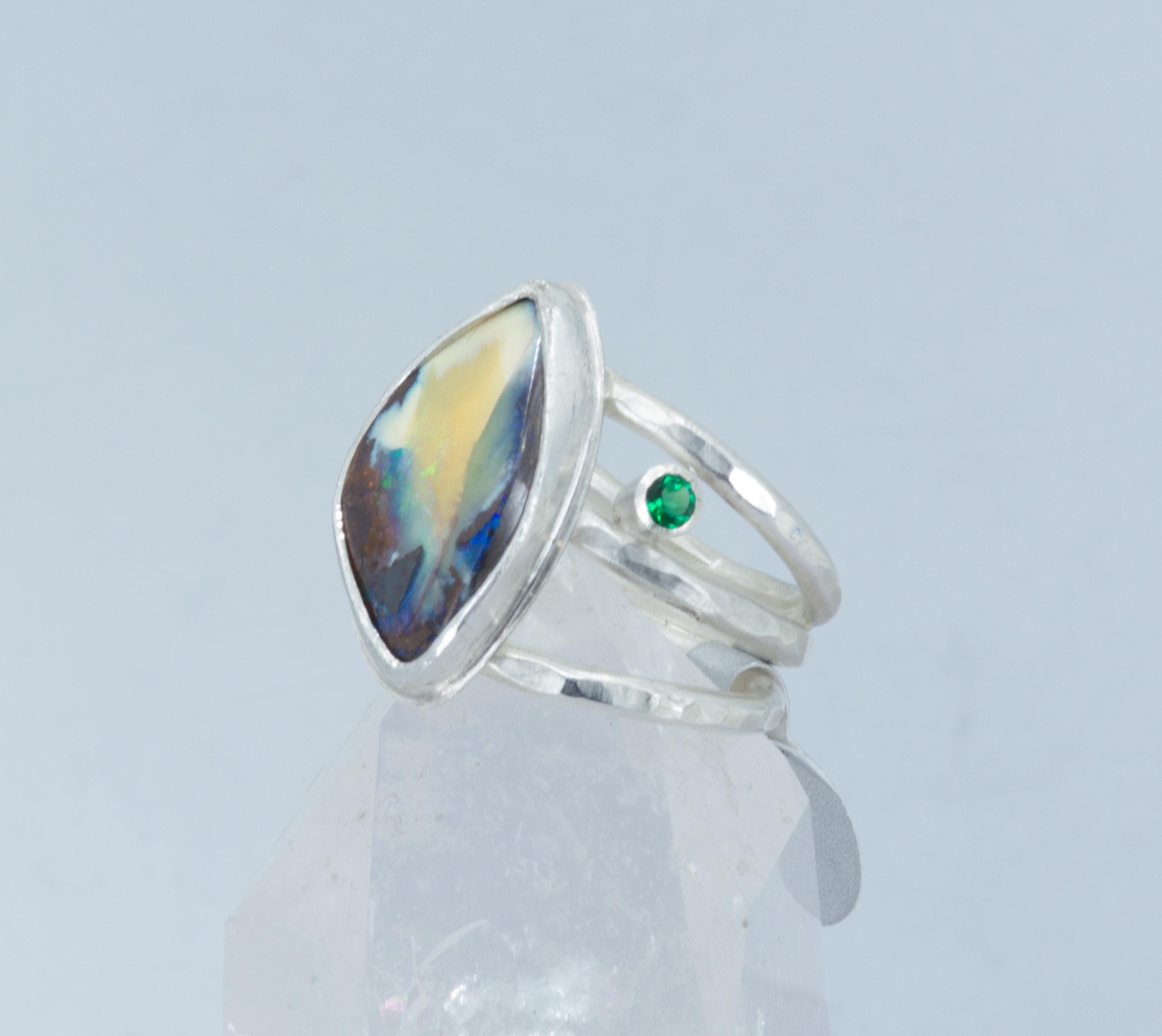 Boulder Opal Ring: Argentium Silver, Emerald Accent, US Size 7.5