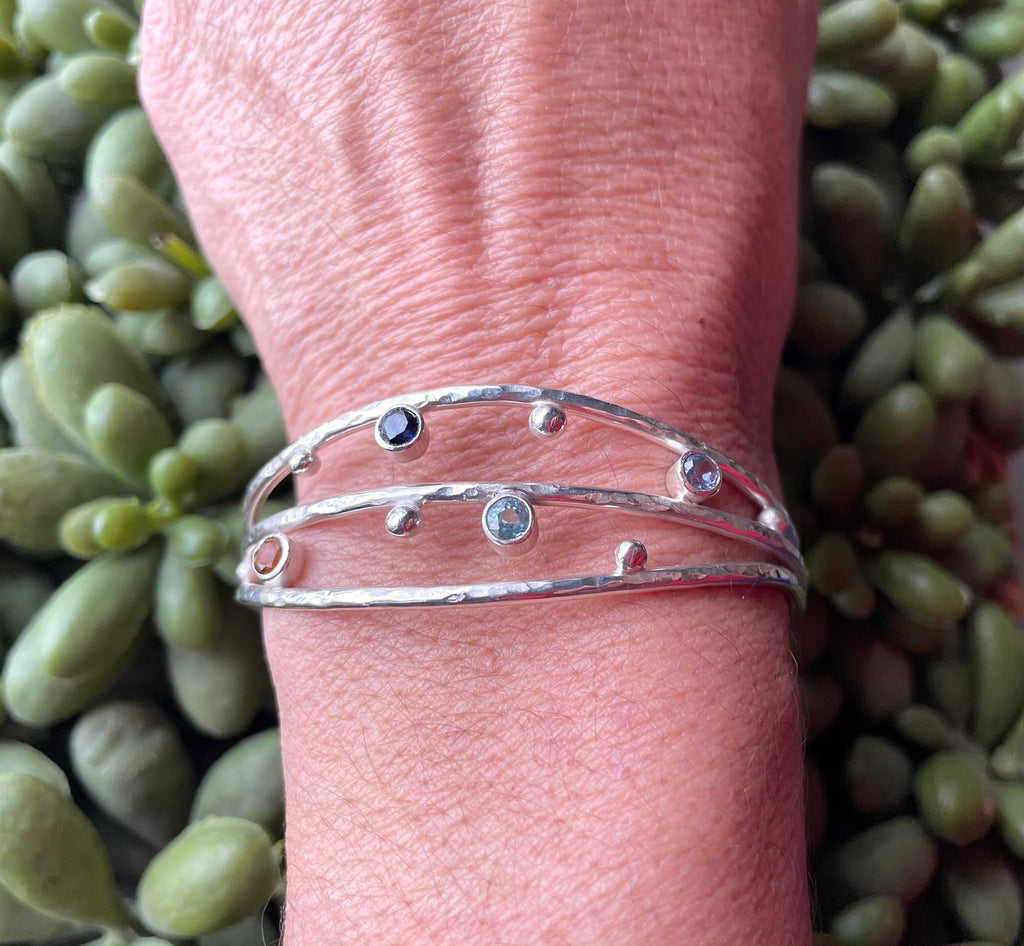 Birthstone Cuff Bracelet in Sterling Silver with Multi Stones, Personalized Cuff, Made to Order