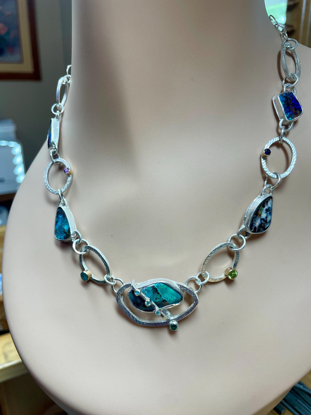 Boulder Opal Chain Link Necklace in Sterling Silver and Gold, OOAK