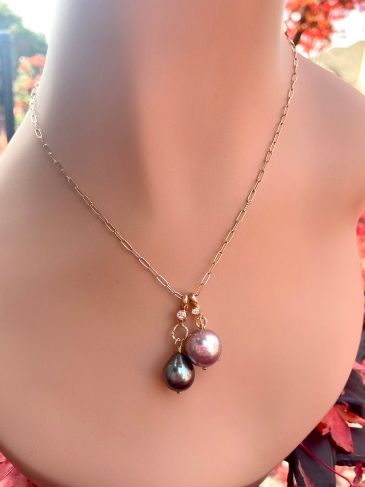 Tahitian Pearl Pendant: 14K Gold Diamond Bail, June Birthstone
