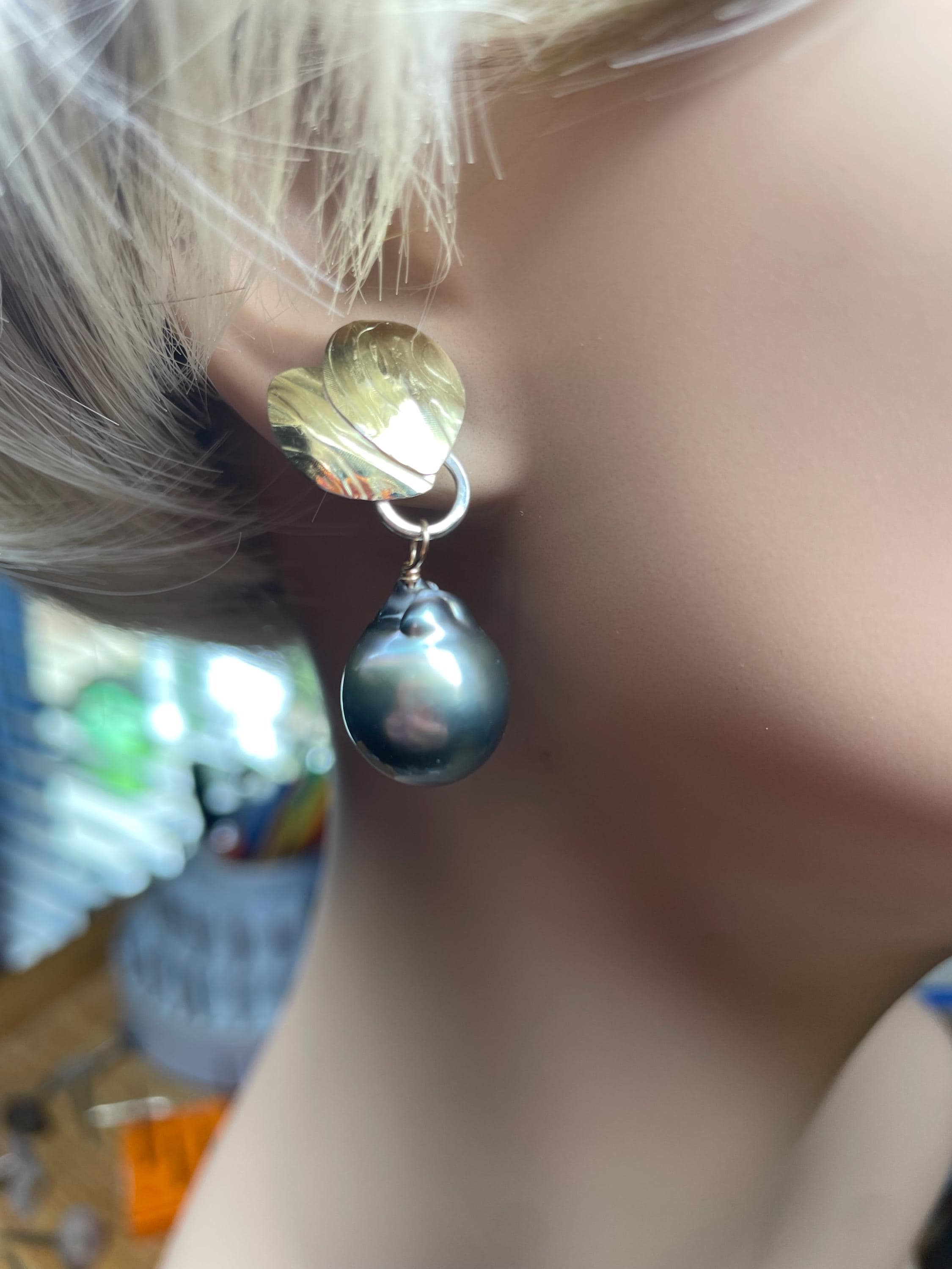 Tahitian Black Pearl Earrings: 18k Gold Botanical Earrings, OOAK
