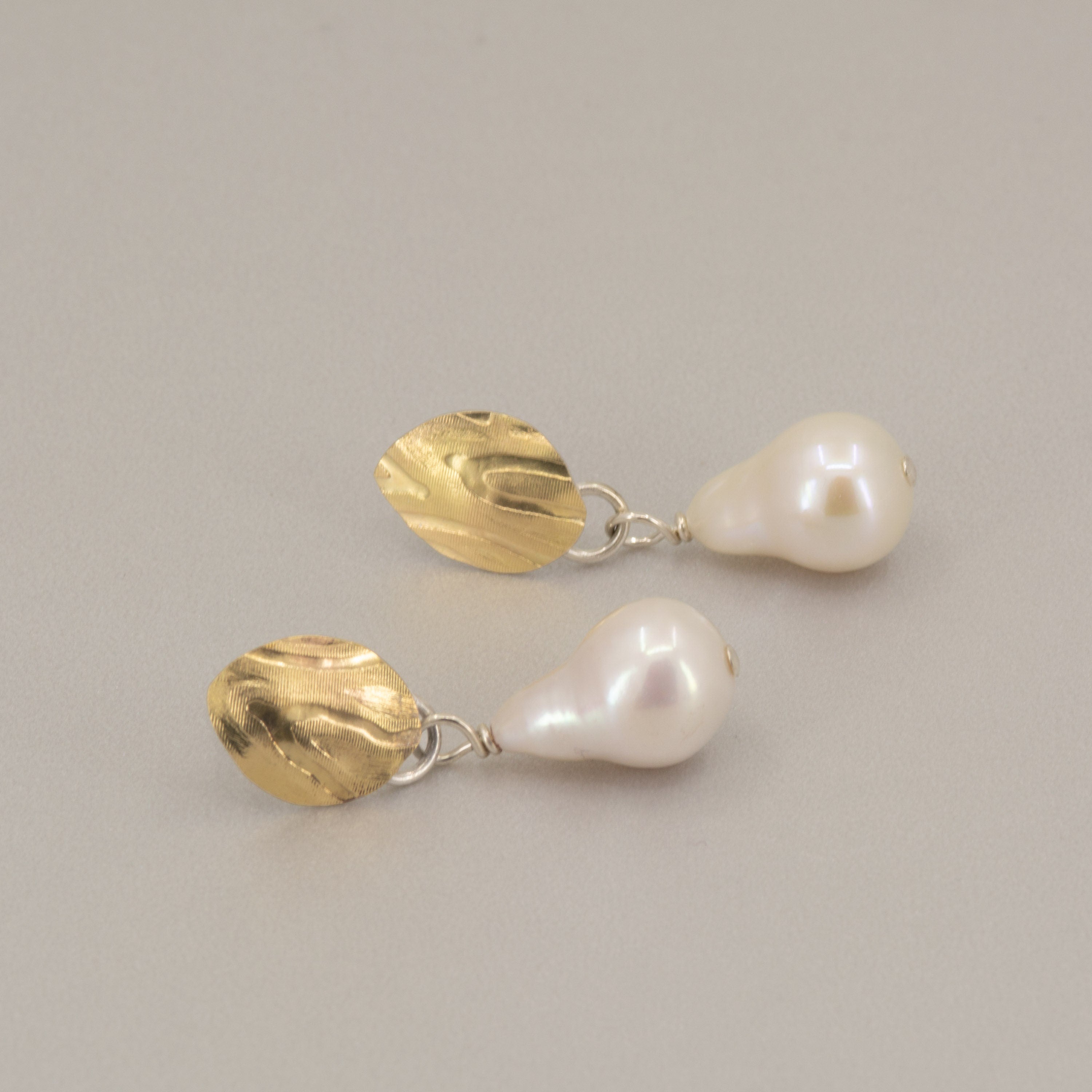 White Pearl Earrings: 18K Gold Leaf, Sterling Silver Posts