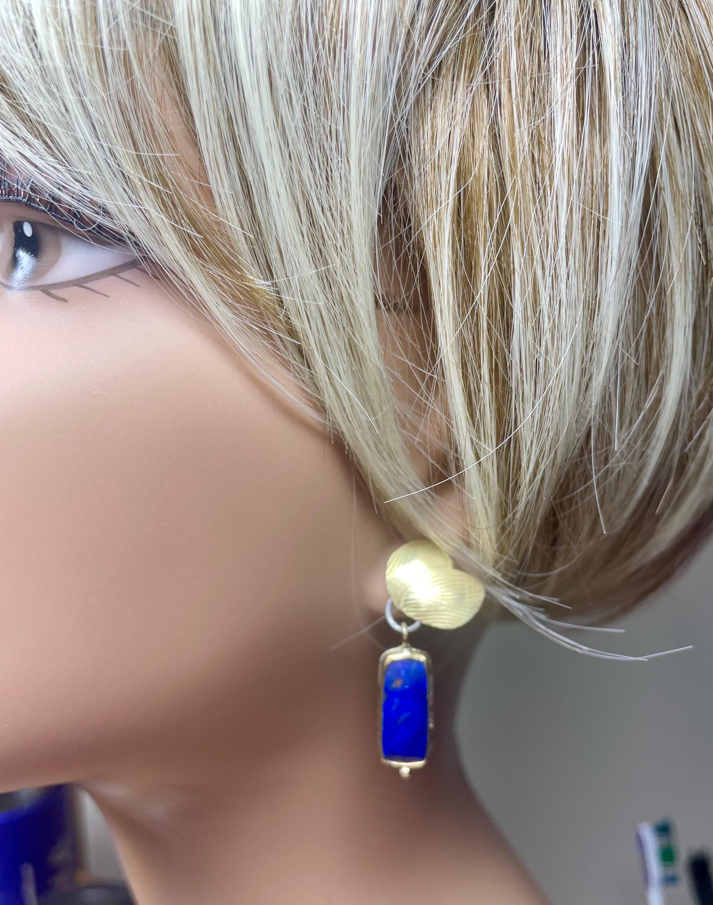 Lapis Lazuli Dangle Earrings: 18K Gold, Sterling Silver, Gold Leaves, Post, OOAK