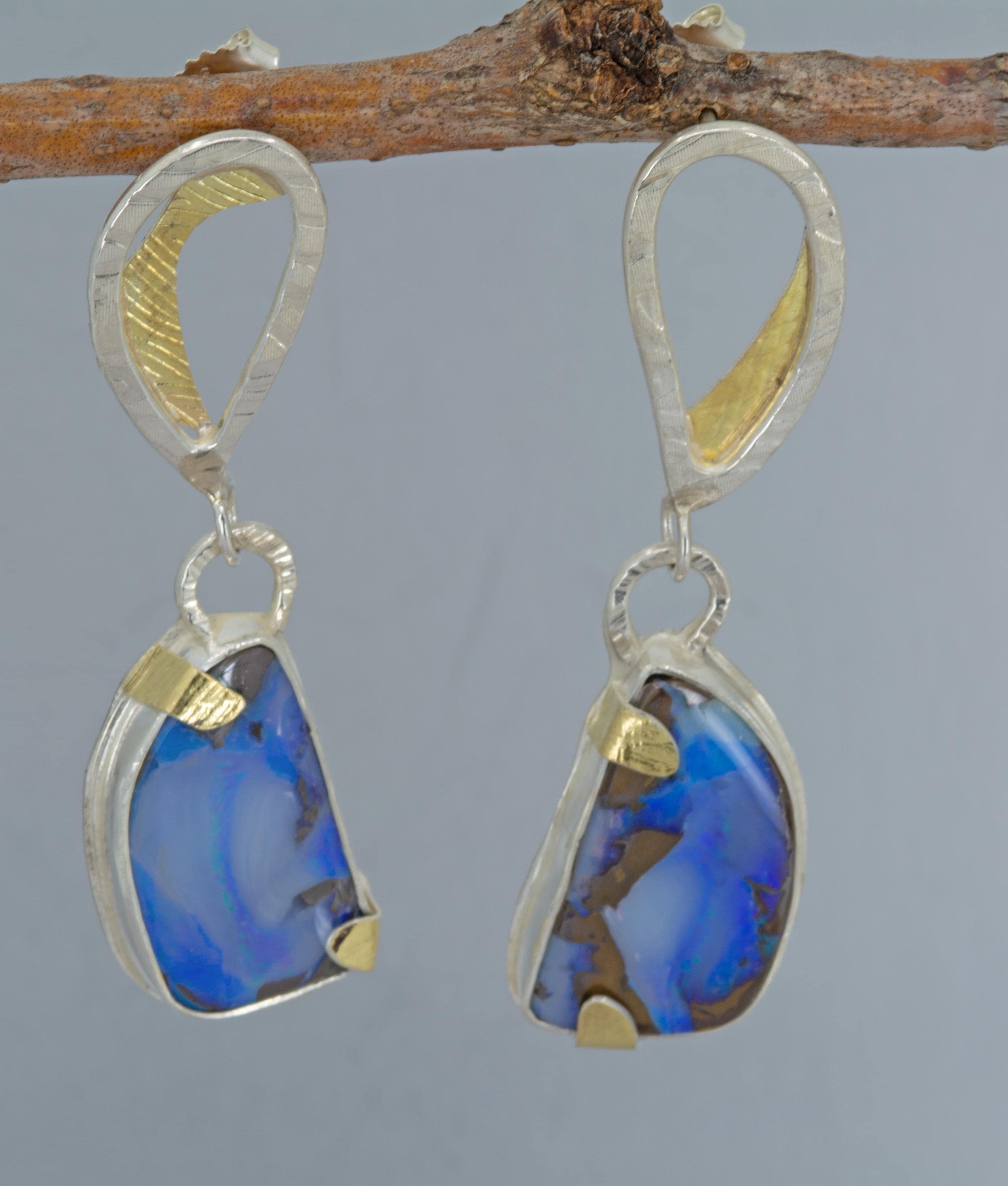 Boulder Opal Dangle Earrings: Silver & 18K Gold, Australian Gemstone
