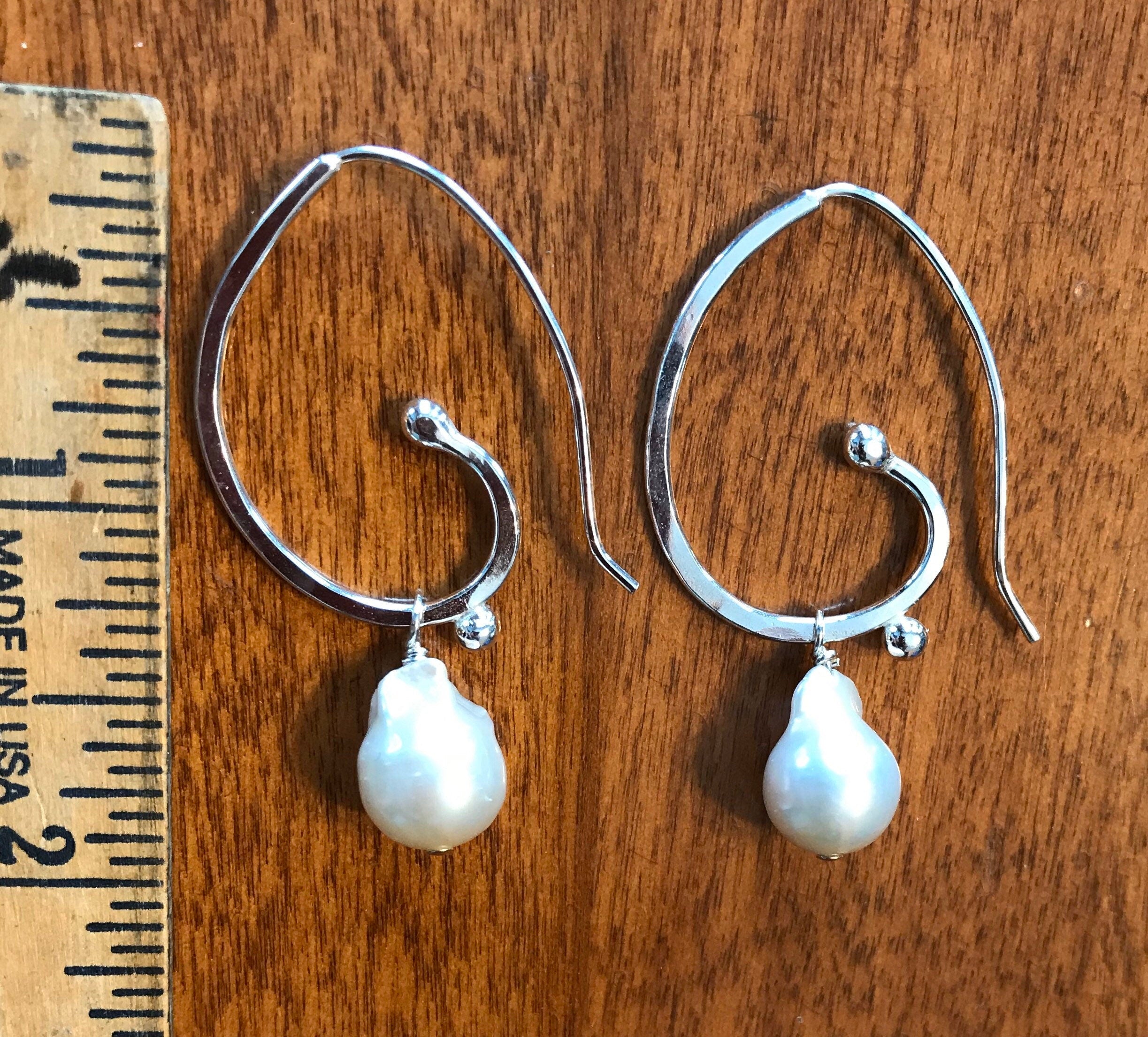 Handmade Sterling Silver Baroque Pearl Hoop Earrings