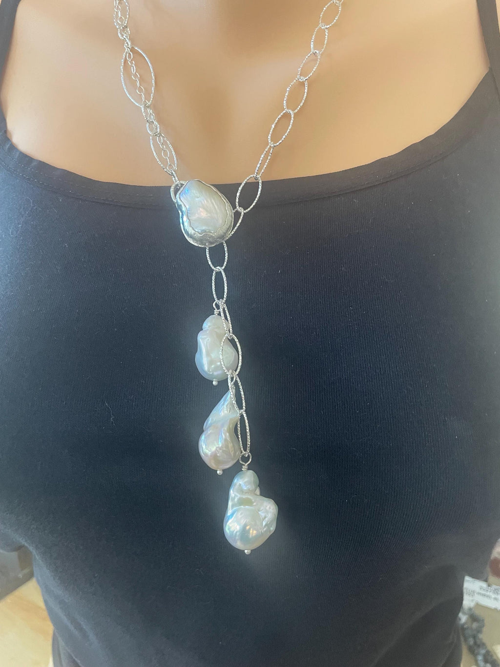 Baroque Pearl Lariat Necklace: Sterling Silver Chain, Adjustable OOAK
