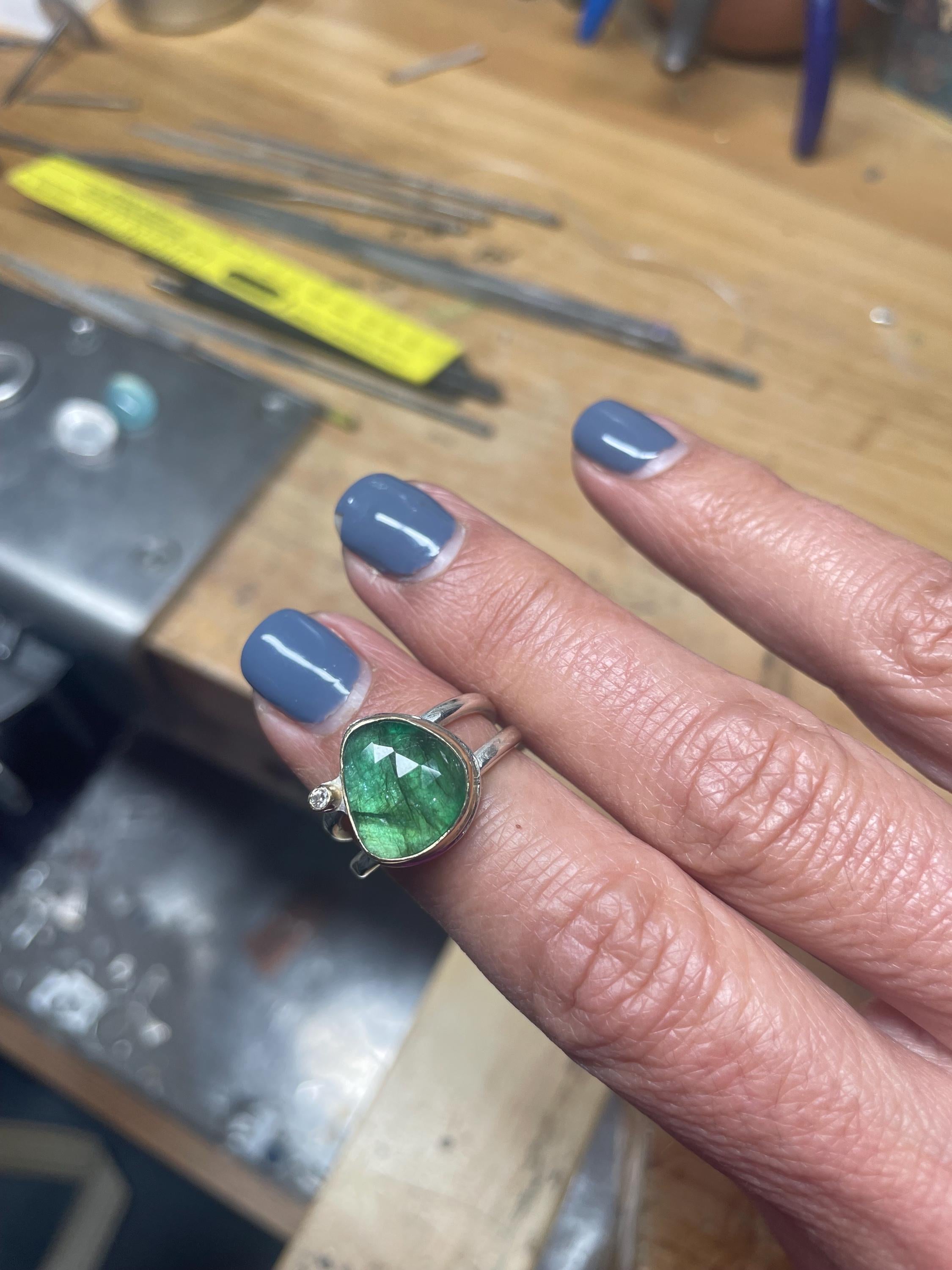 Rose Cut Emerald and Diamond Ring: Green Gemstone, Gold & Sterling Silver, US Size 7.75