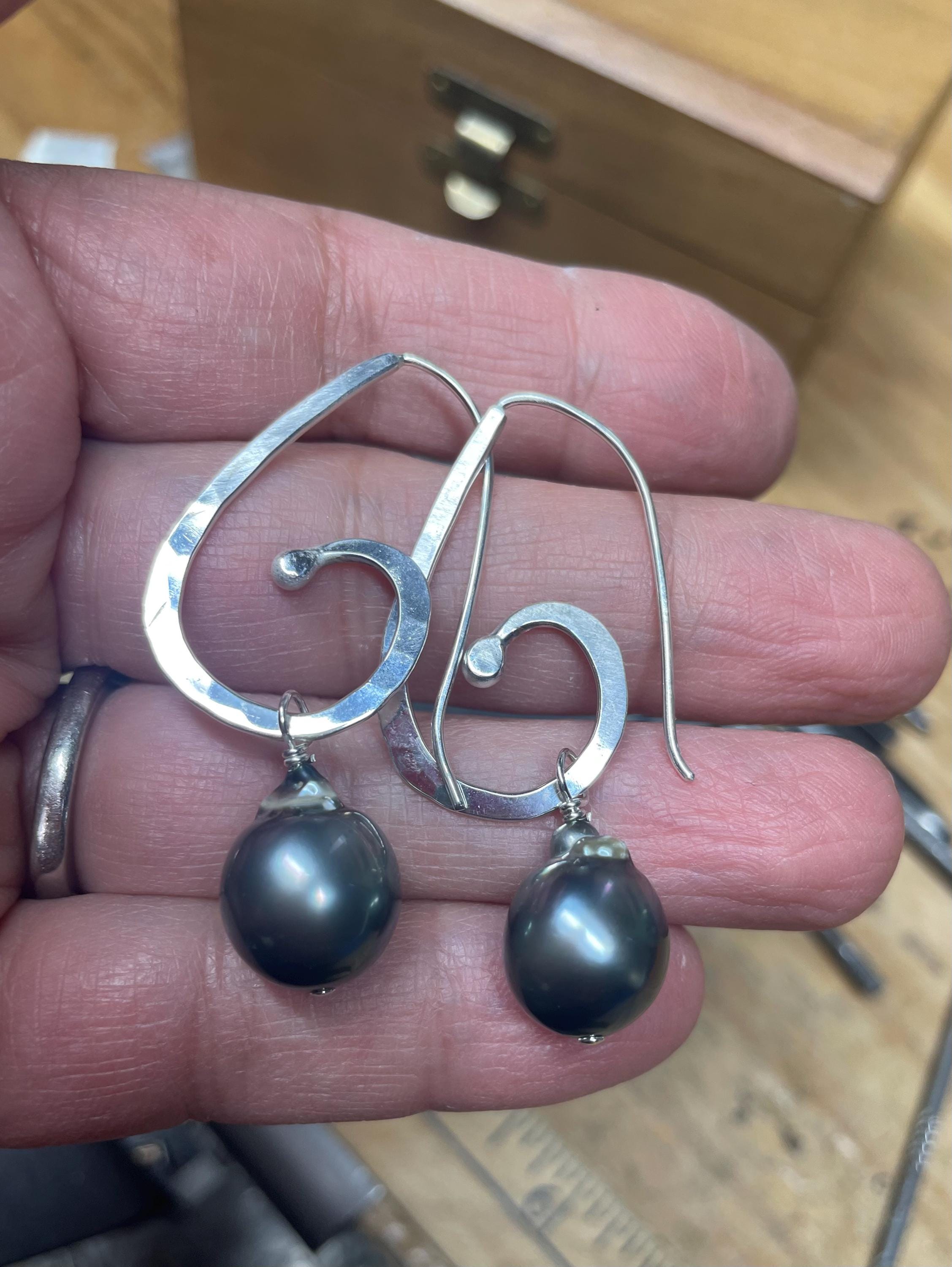 Black Tahitian Pearl Hoop Earrings: Handmade Argentium Sterling Silver