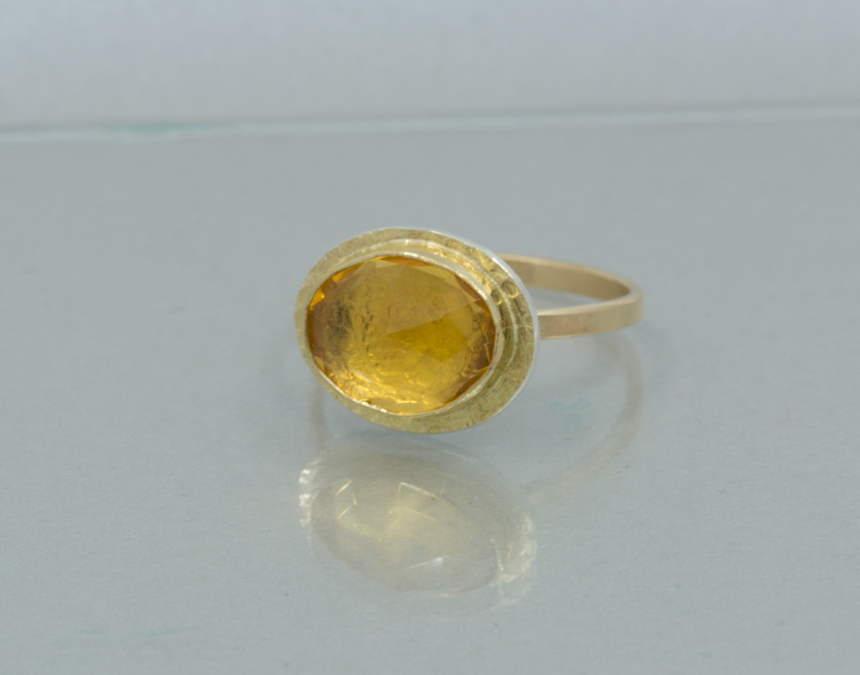 Citrine Textured Metal Ring in 18K Gold, Rose Cut Citrine, November birthstone
