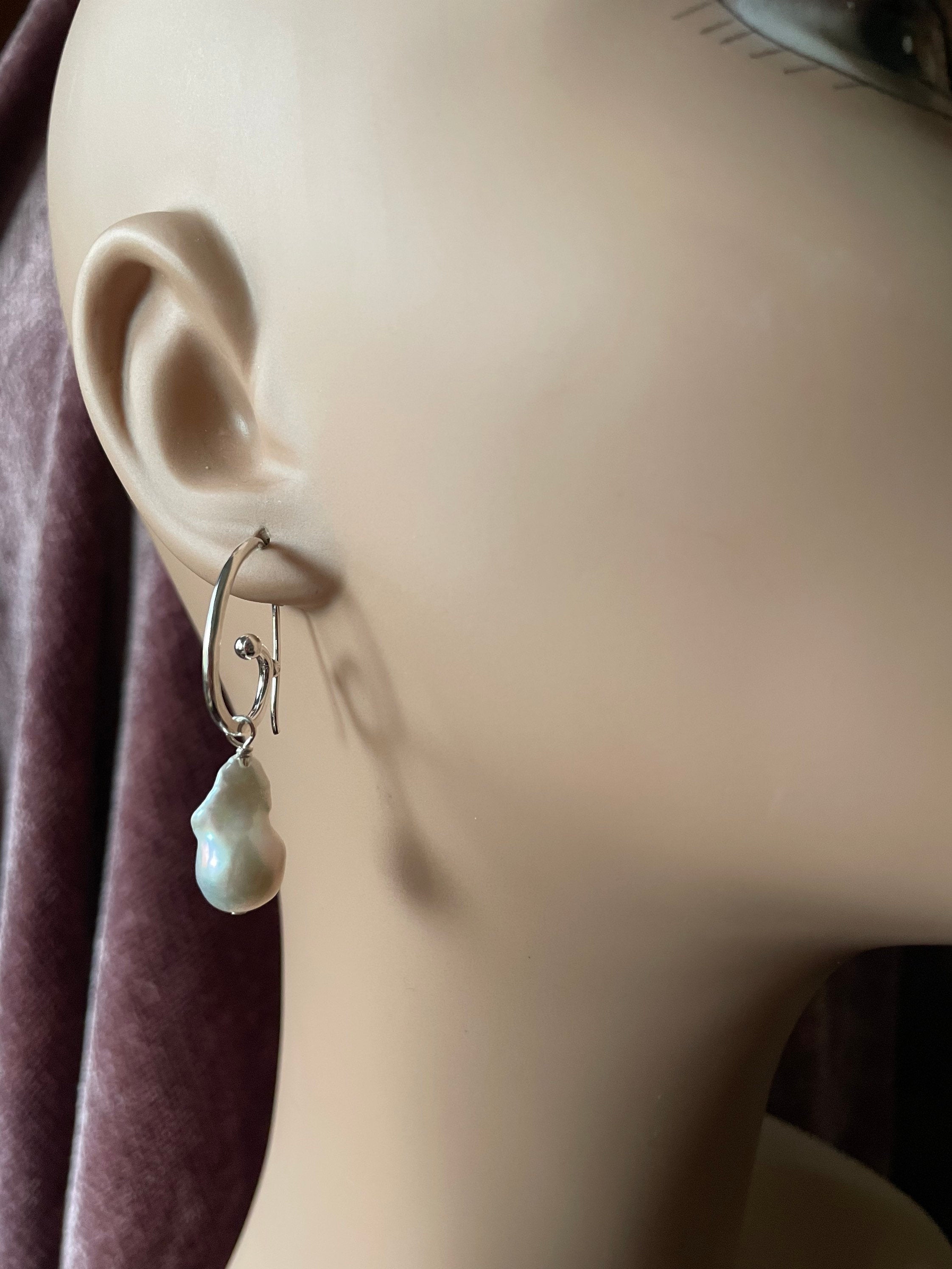 Handmade Sterling Silver Baroque Pearl Hoop Earrings