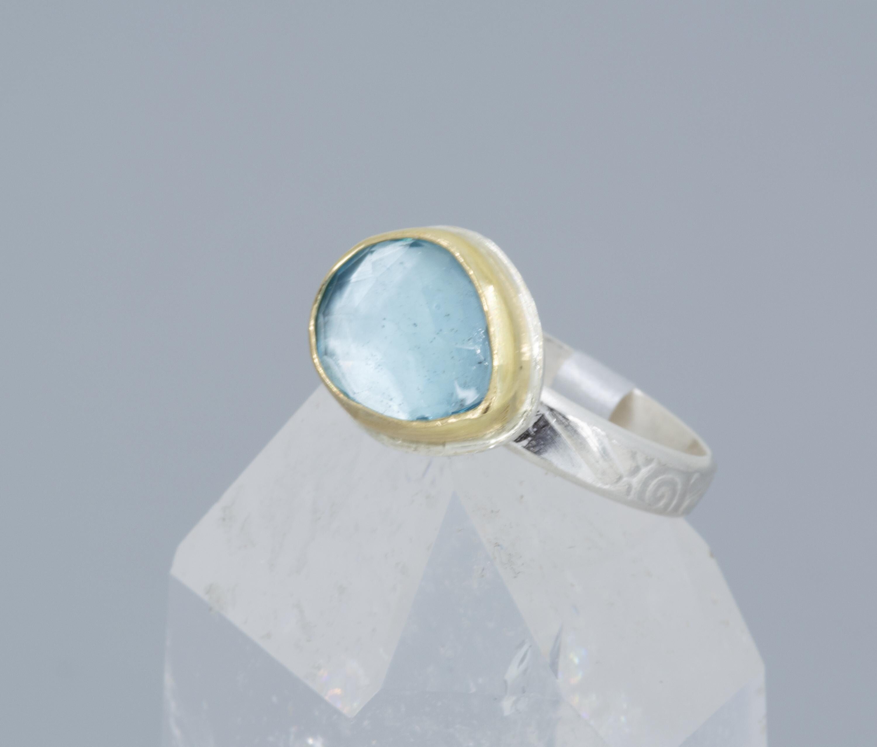 Rose Cut Swiss Blue Topaz Ring: 18K Gold & Sterling Silver