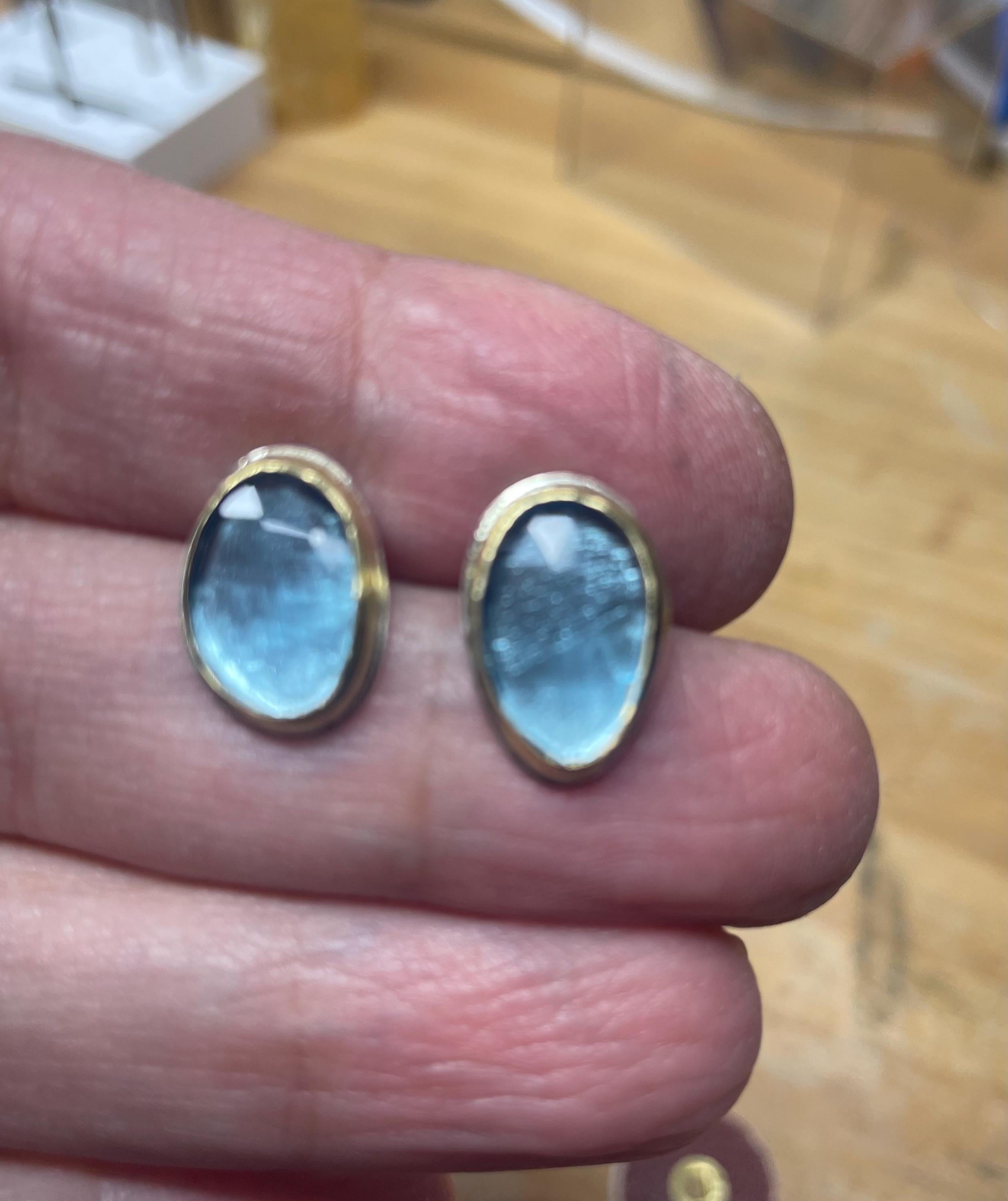 Blue Topaz Stud Earrings: 18k Gold Bezel, Argentium Silver