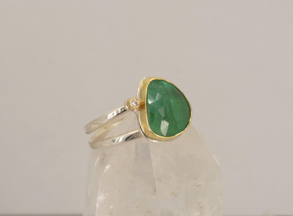 Rose Cut Emerald and Diamond Ring: Green Gemstone, Gold & Sterling Silver, US Size 7.75