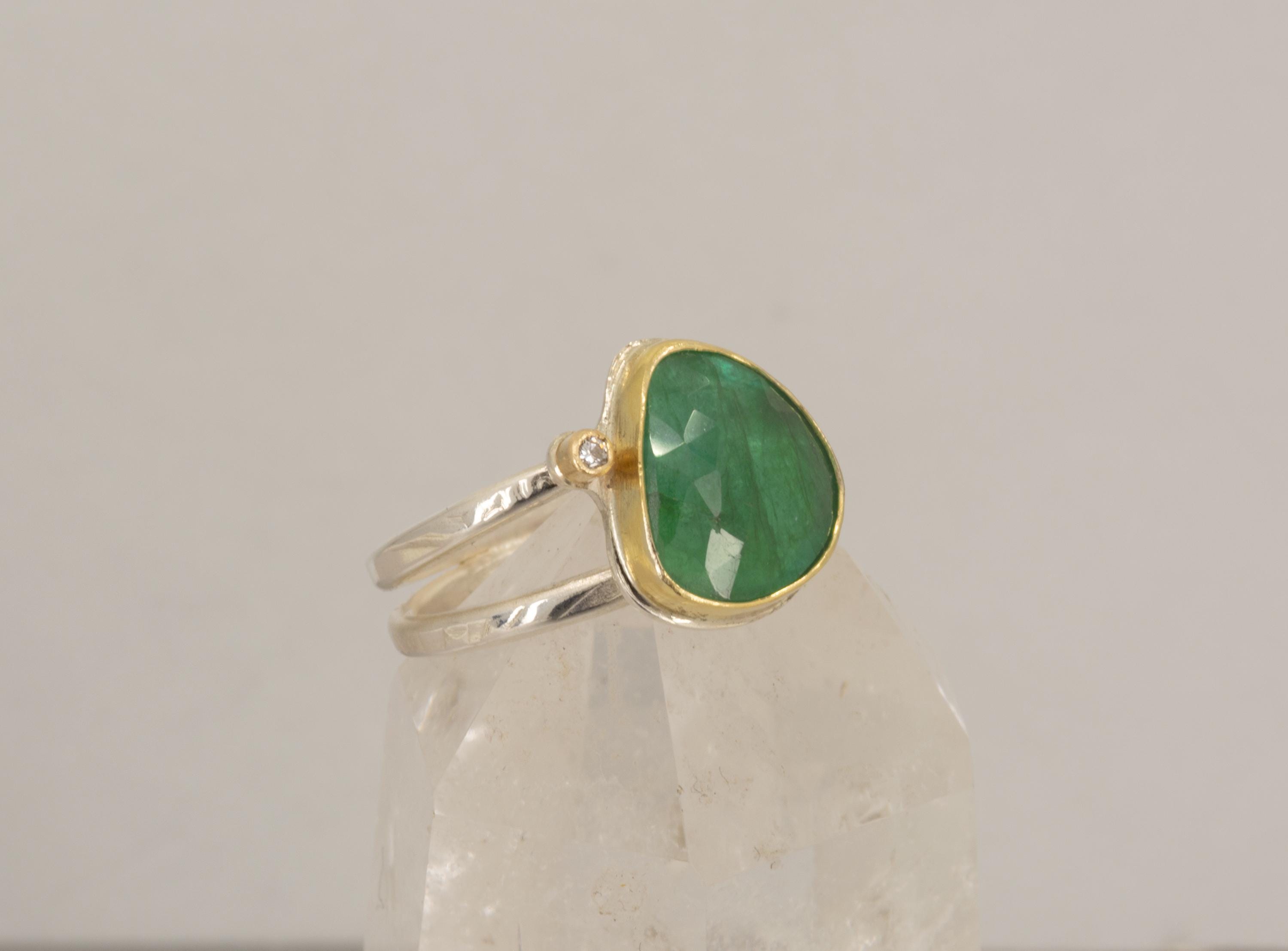 Rose Cut Emerald and Diamond Ring: Green Gemstone, Gold & Sterling Silver, US Size 7.75