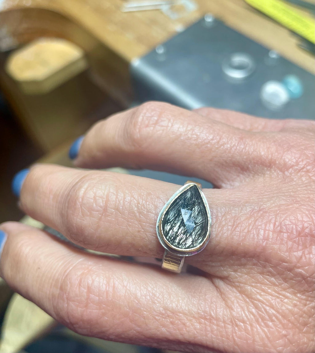 Tourmalated Quartz Cocktail Ring: 18k Gold & Argentium Silver, US Size 10