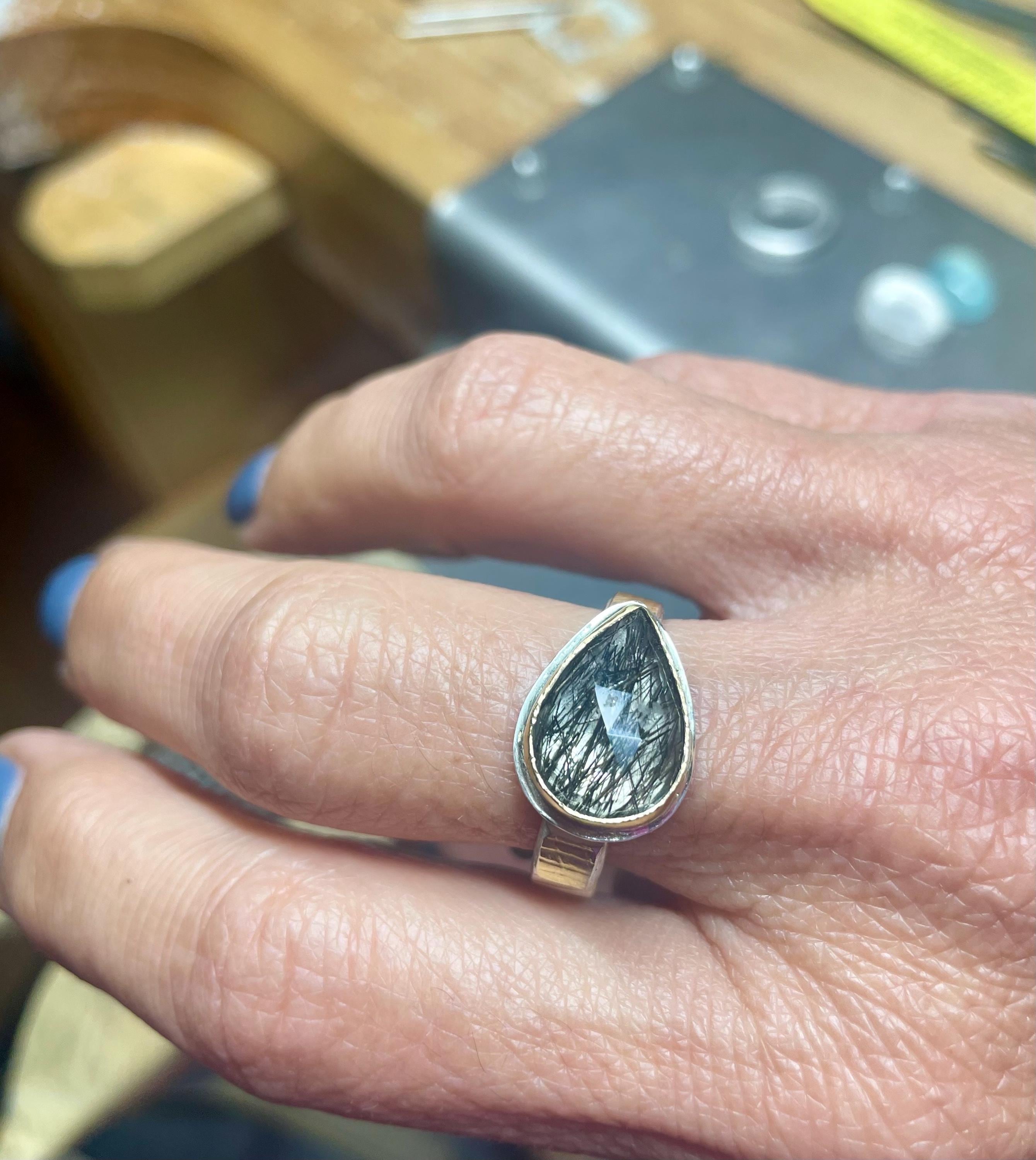 Tourmalated Quartz Cocktail Ring: 18k Gold & Argentium Silver, US Size 10