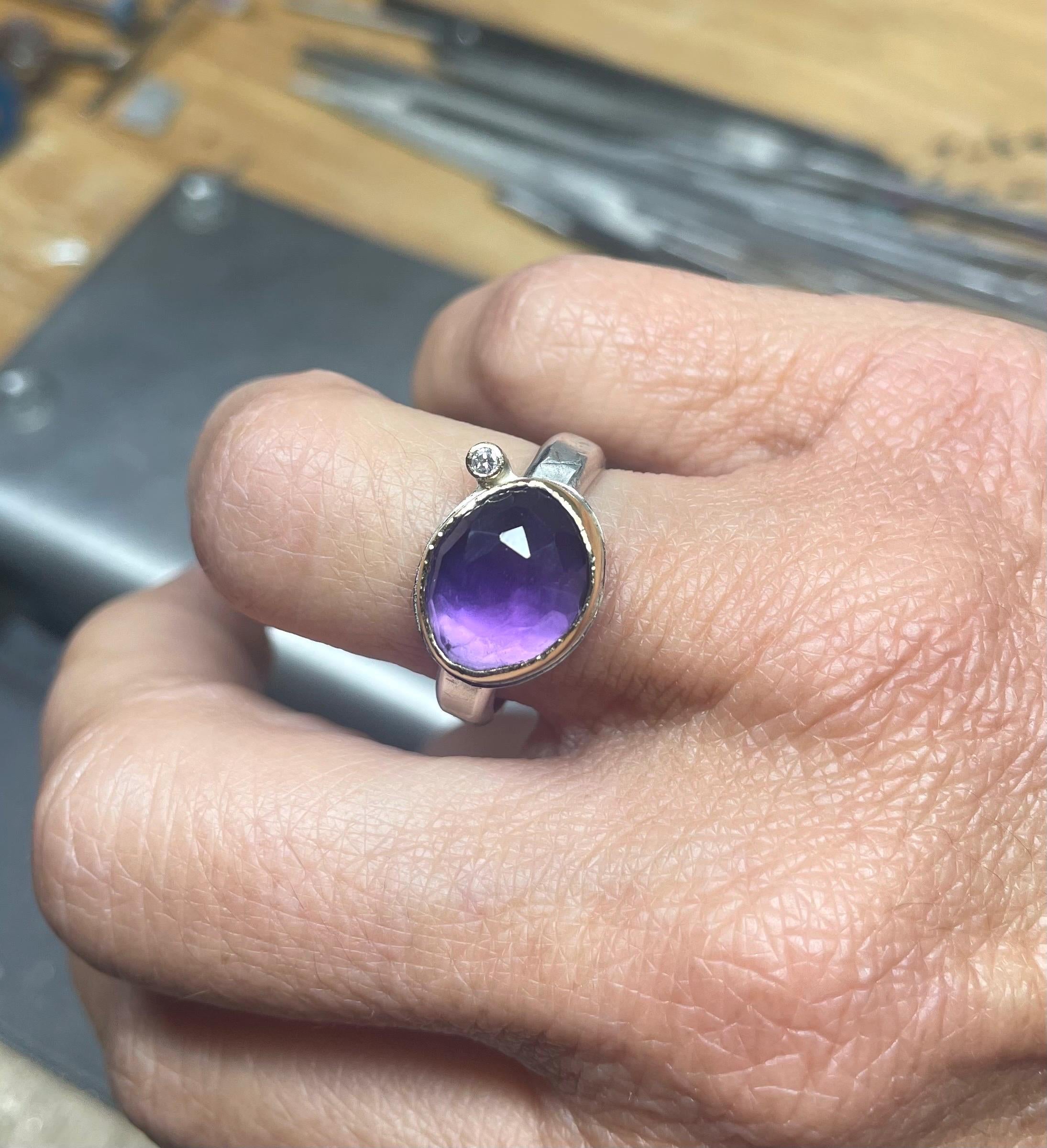 Rose Cut Amethyst Diamond Ring: Tall 18k Gold & Sterling Silver, Size 8.5