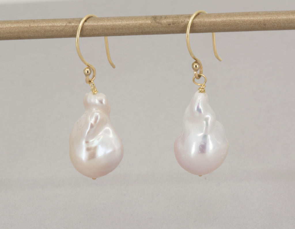 14K Gold Baroque Pearl Dangle Earrings: Large White Pearl, June Birthstone