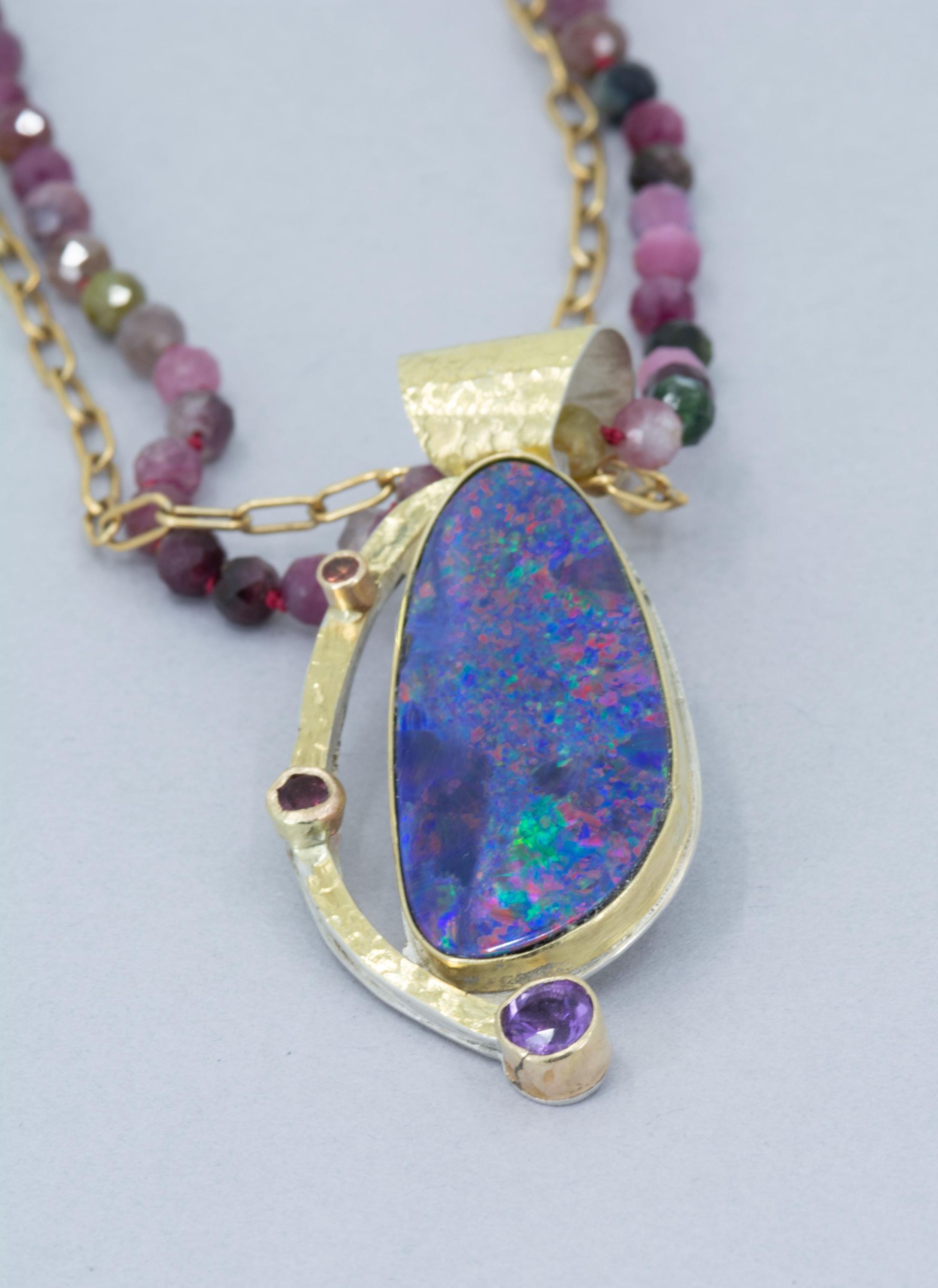 Large Australian Opal Pendant: 18K Gold, Tourmaline & Amethyst Necklace