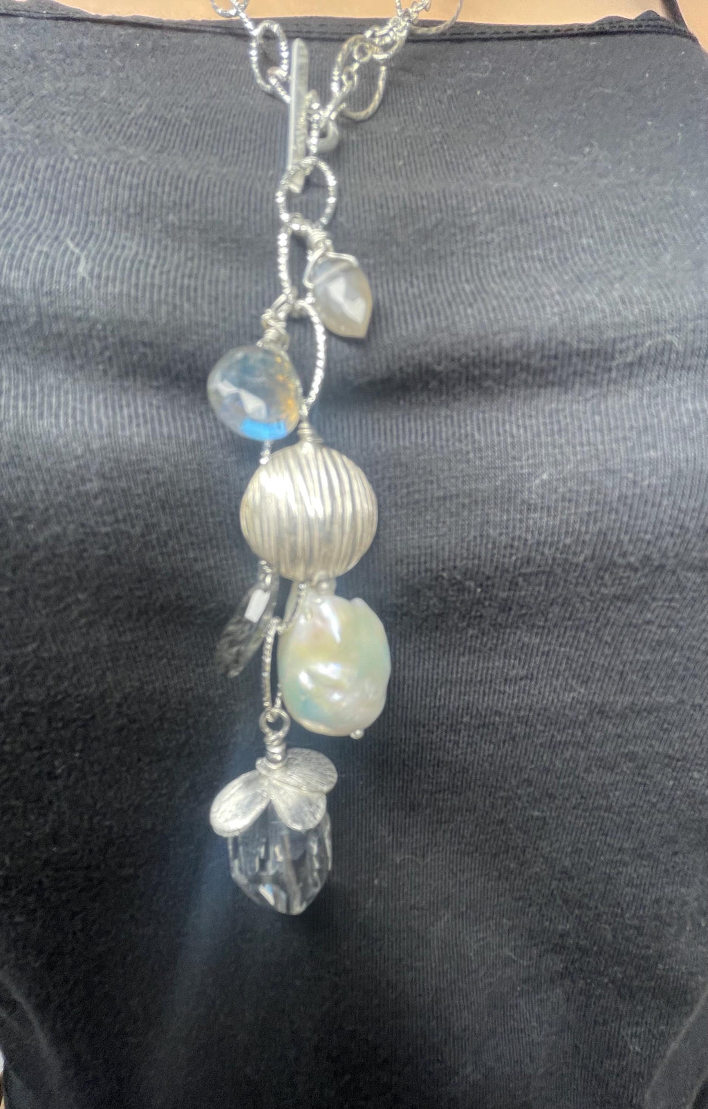 Clear Quartz Lariat Necklace: Sterling Silver Chain, Gemstone Dangles