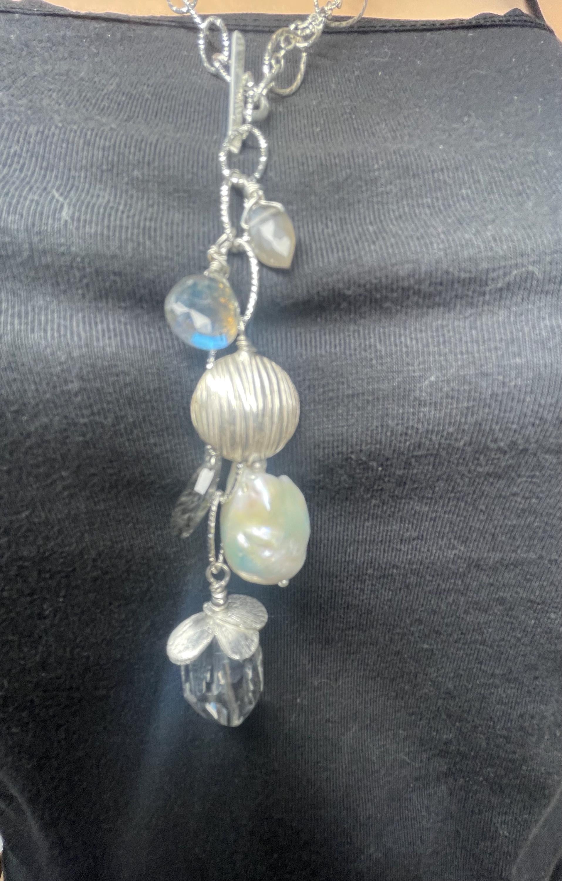 Clear Quartz Lariat Necklace: Sterling Silver Chain, Gemstone Dangles