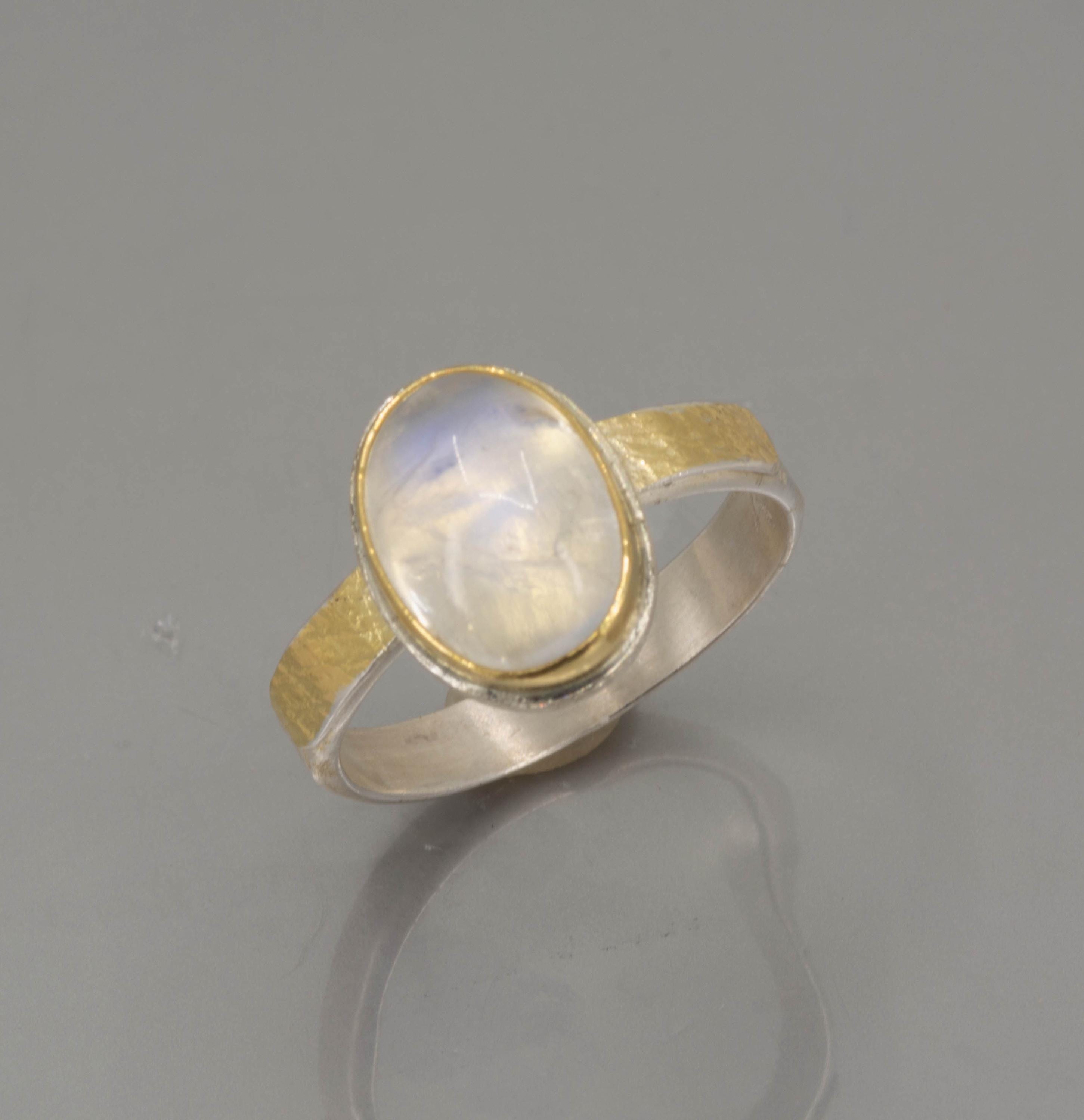 Rainbow Moonstone Cocktail Ring in Gold and Silver, US Size 9.5 Ring