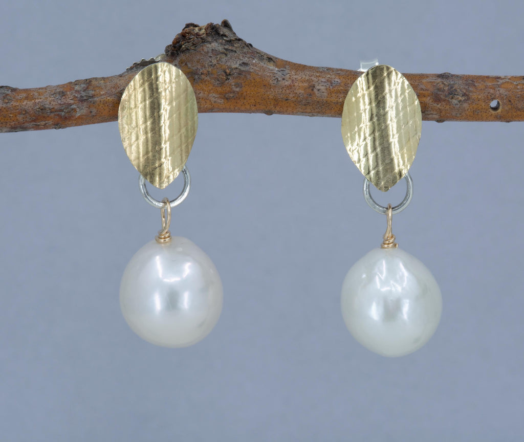 White Pearl Earrings: 18K Gold Leaf, Sterling Silver Posts