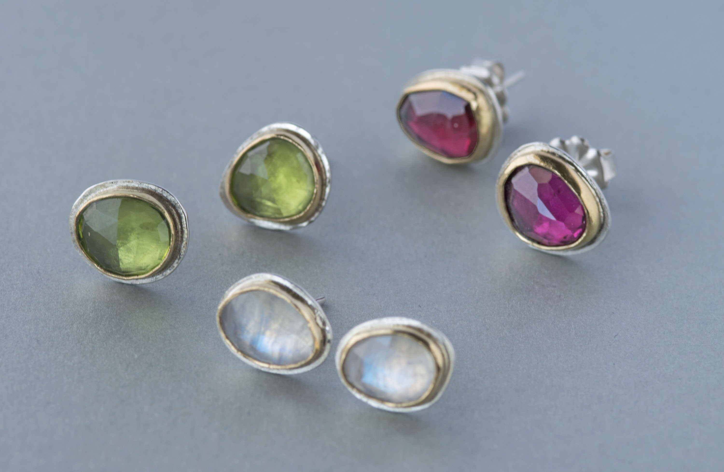 Rose Cut Rainbow Moonstone Stud Earrings: 18k Gold & Argentium Silver