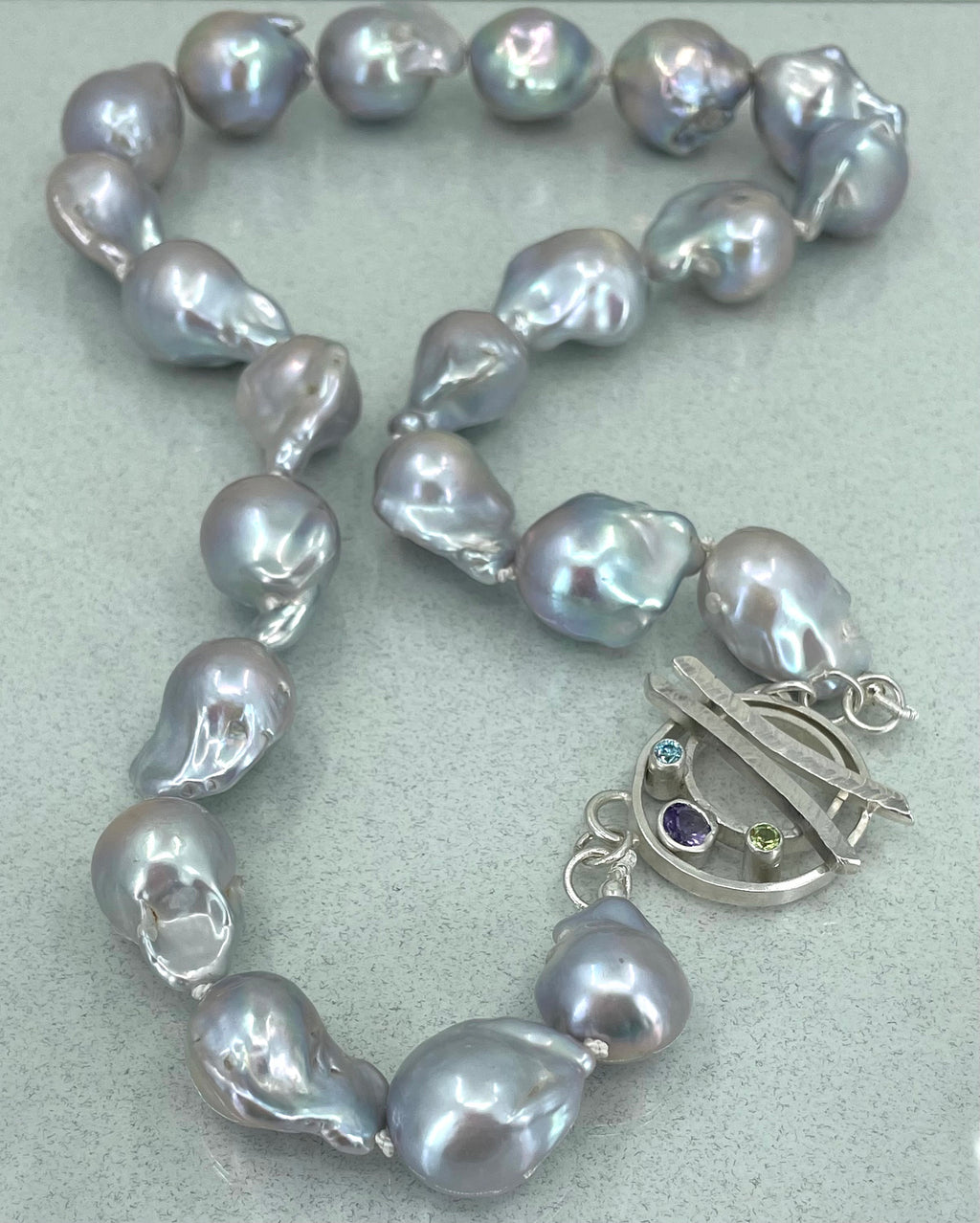 Hand Knotted Baroque Pearl Necklace: Sterling Silver Toggle, Gemstone Clasp
