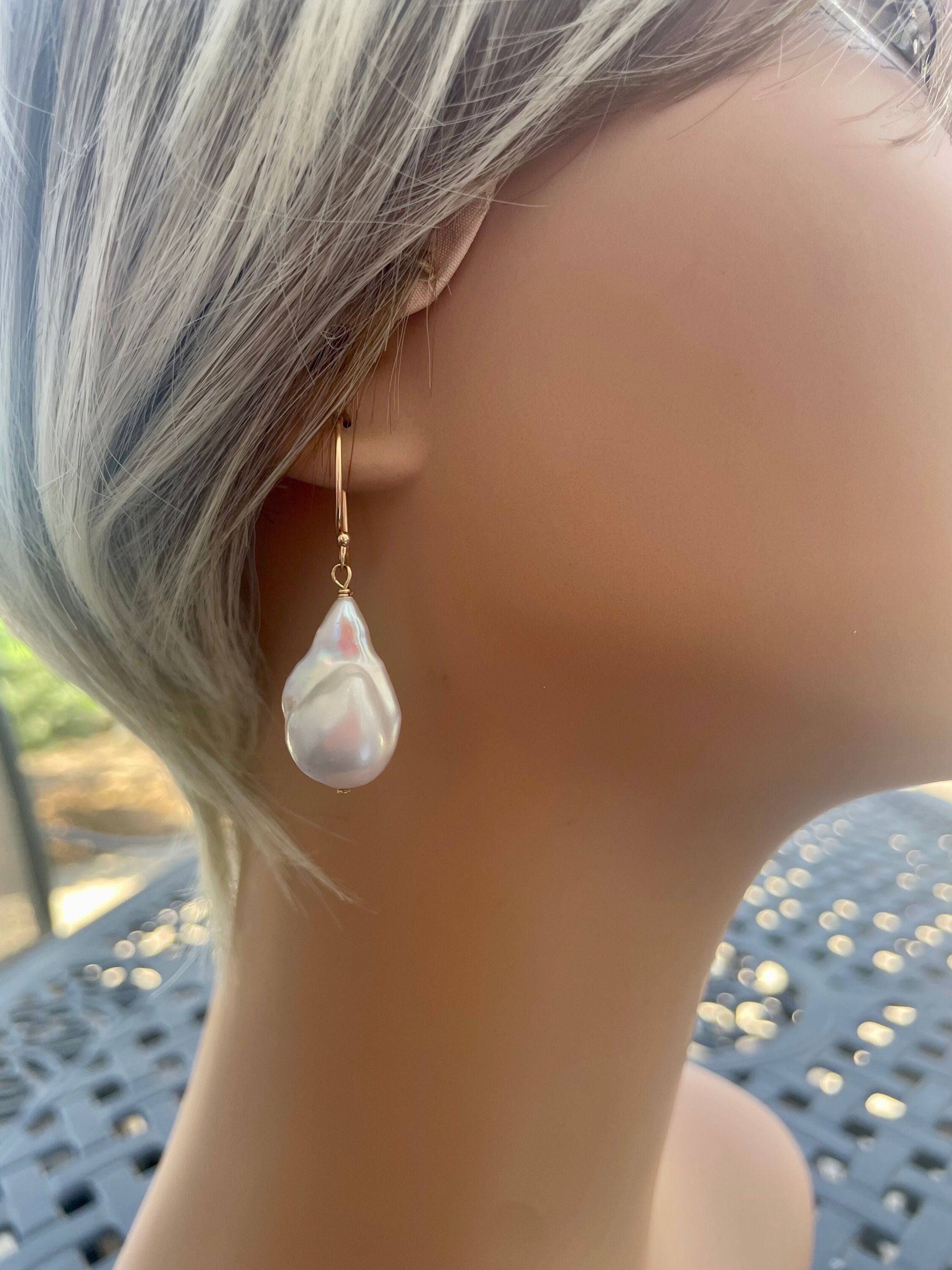 14K Gold Baroque Pearl Dangle Earrings: Large White Pearl, June