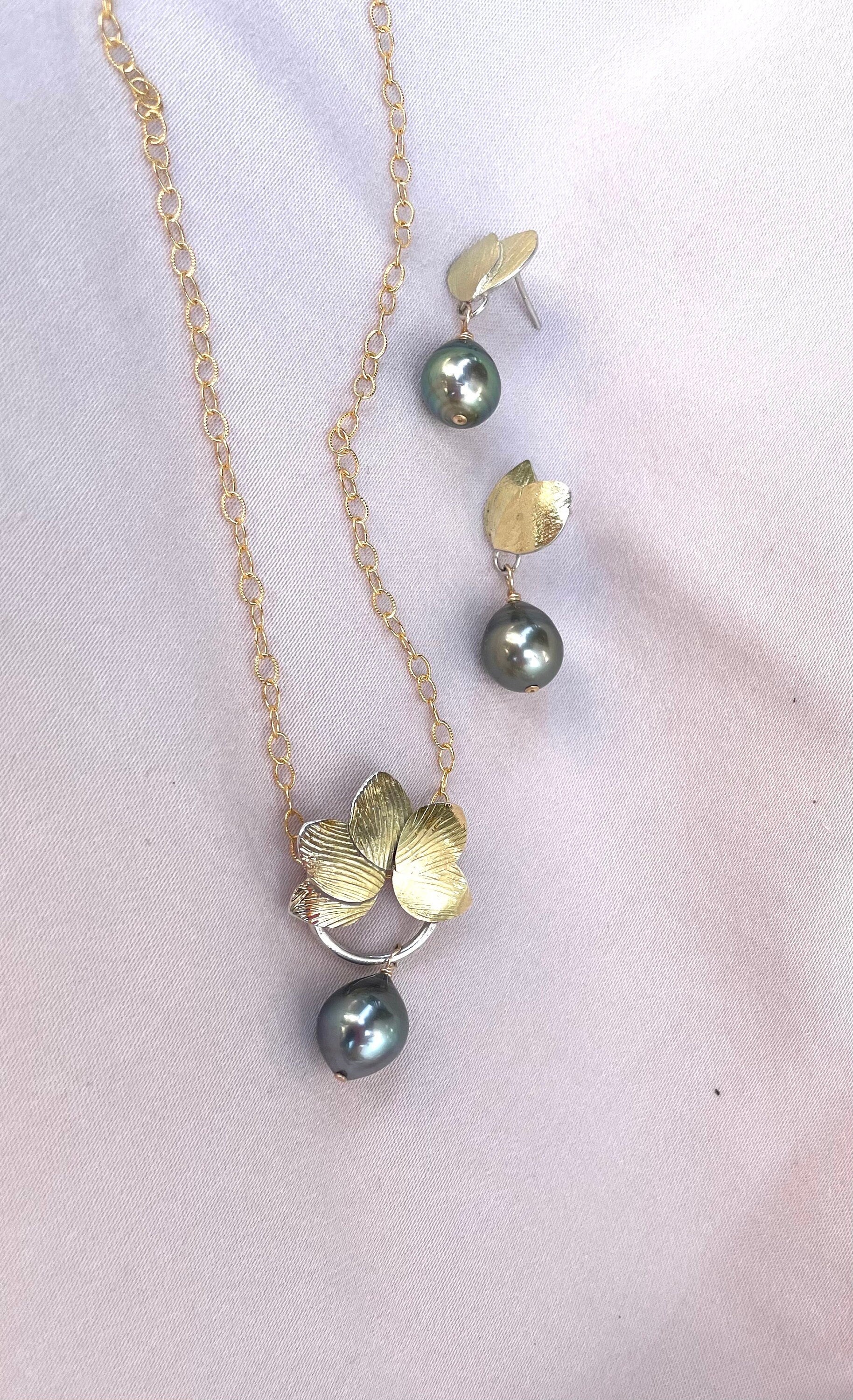 Tahitian Black Pearl Earrings: 18k Gold Botanical Earrings, OOAK